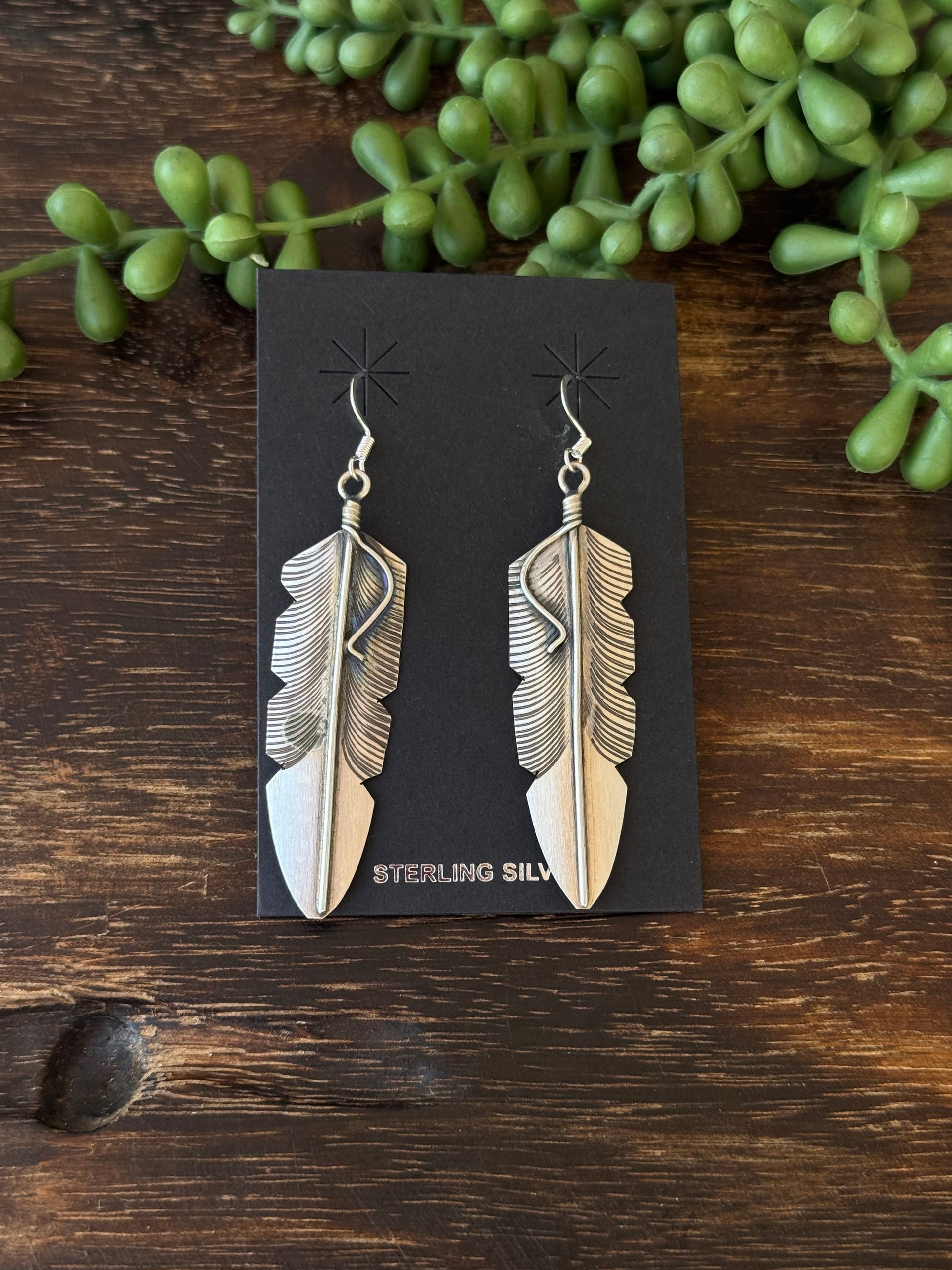 Navajo Made Sterling Silver Feather Dangle Earrings