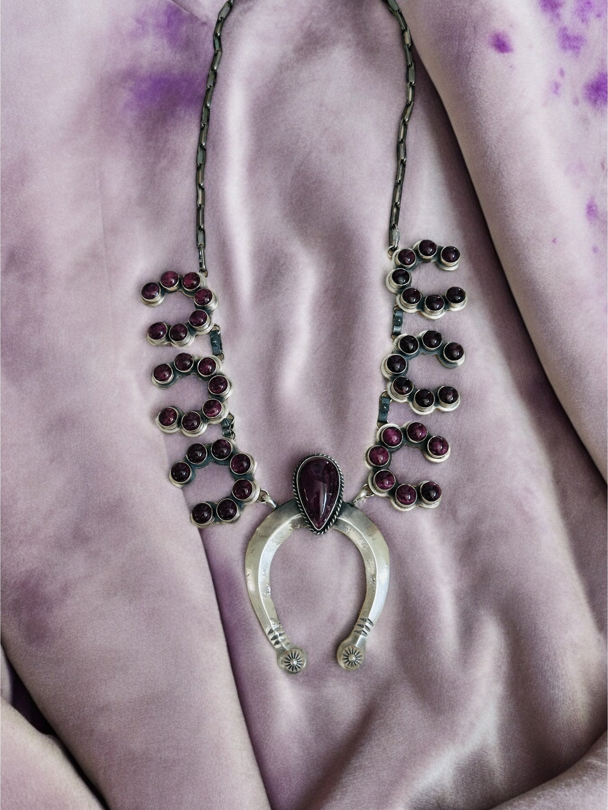 Navajo Made Purple Spiny Oyster & Sterling Silver Naja Necklace