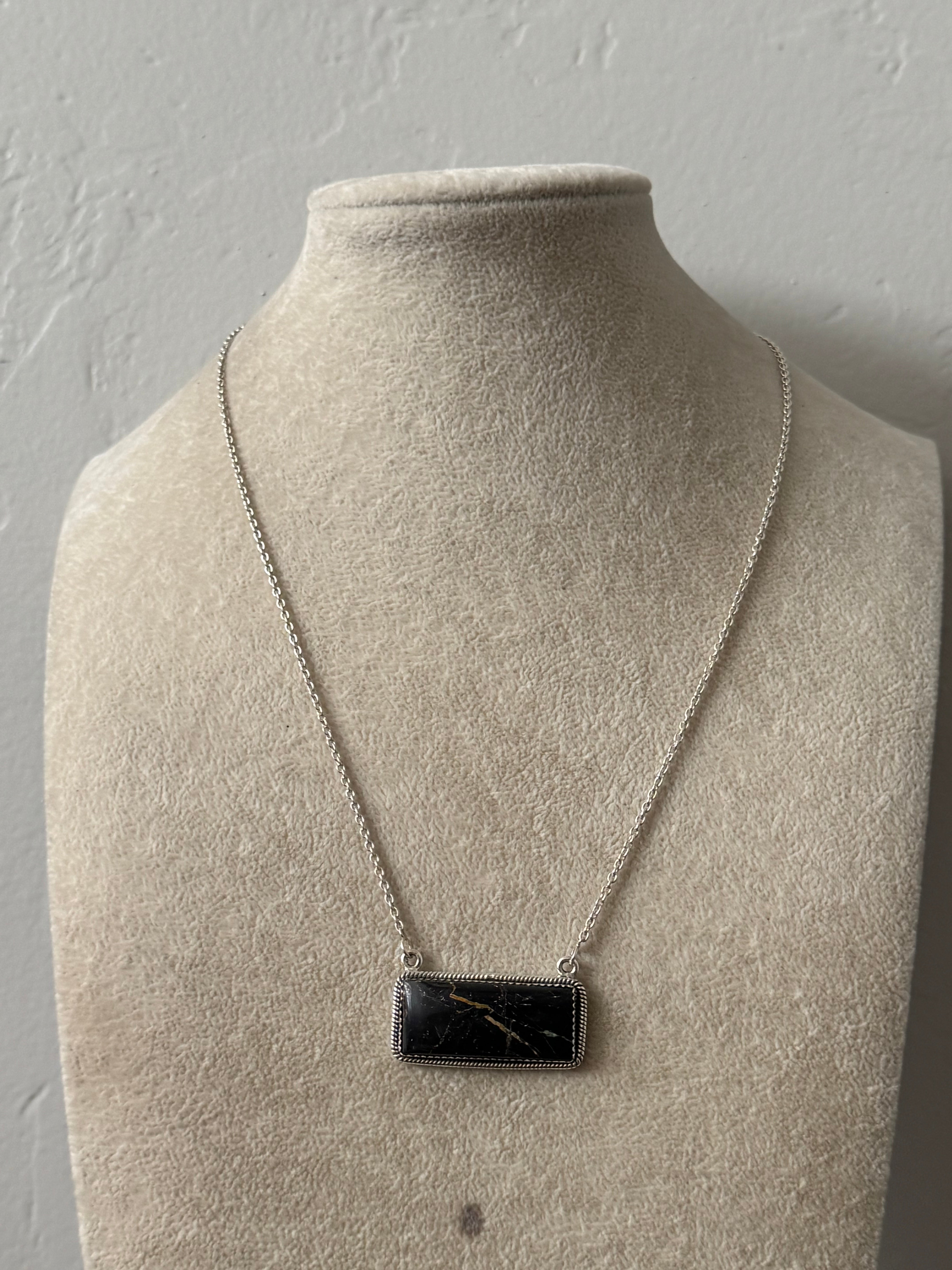 Southwest Handmade Black Jack Turquoise & Sterling Silver Bar Necklace