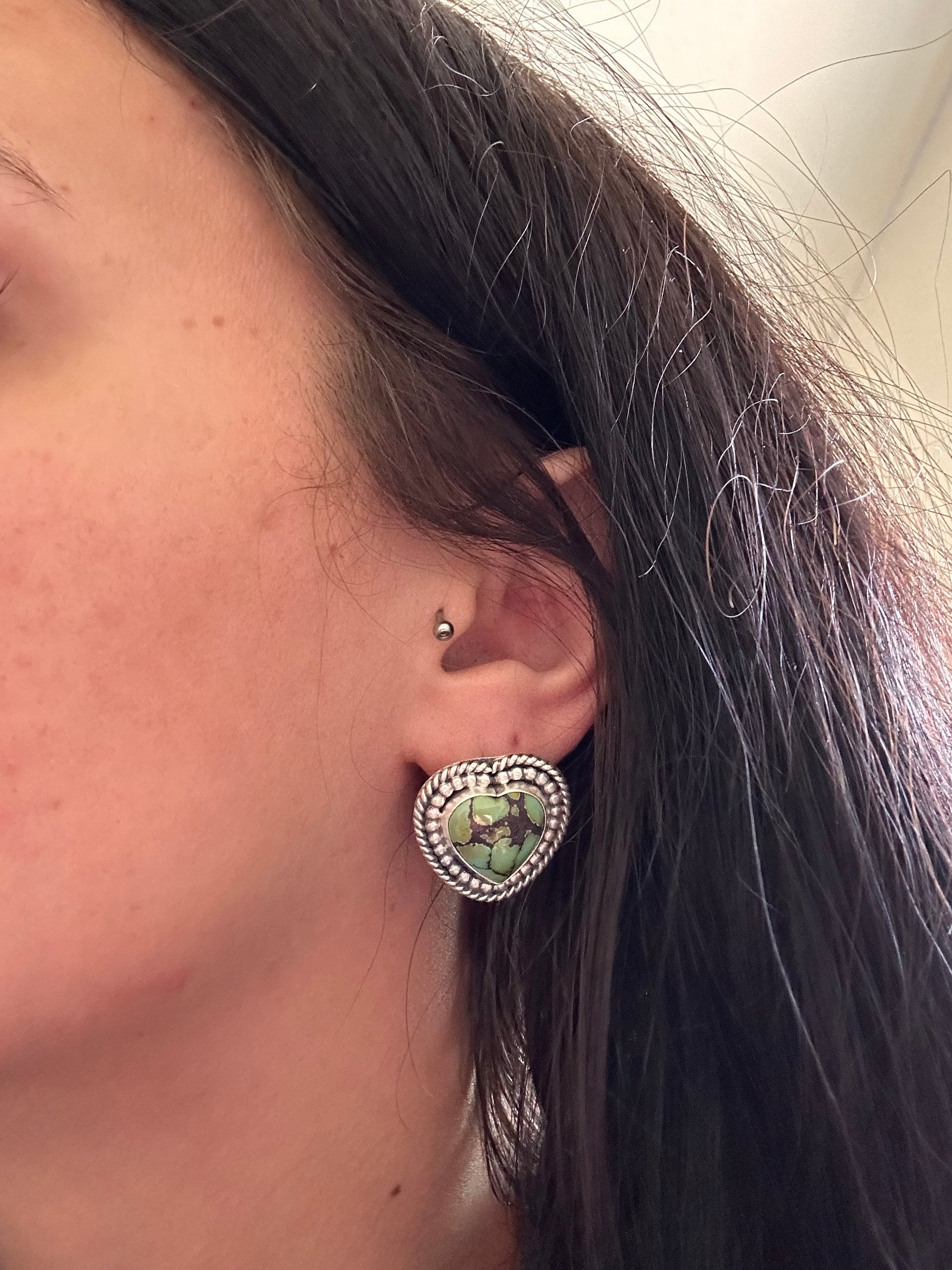 Navajo Handmade Hubei Turquoise & Sterling Silver Heart Post Earrings