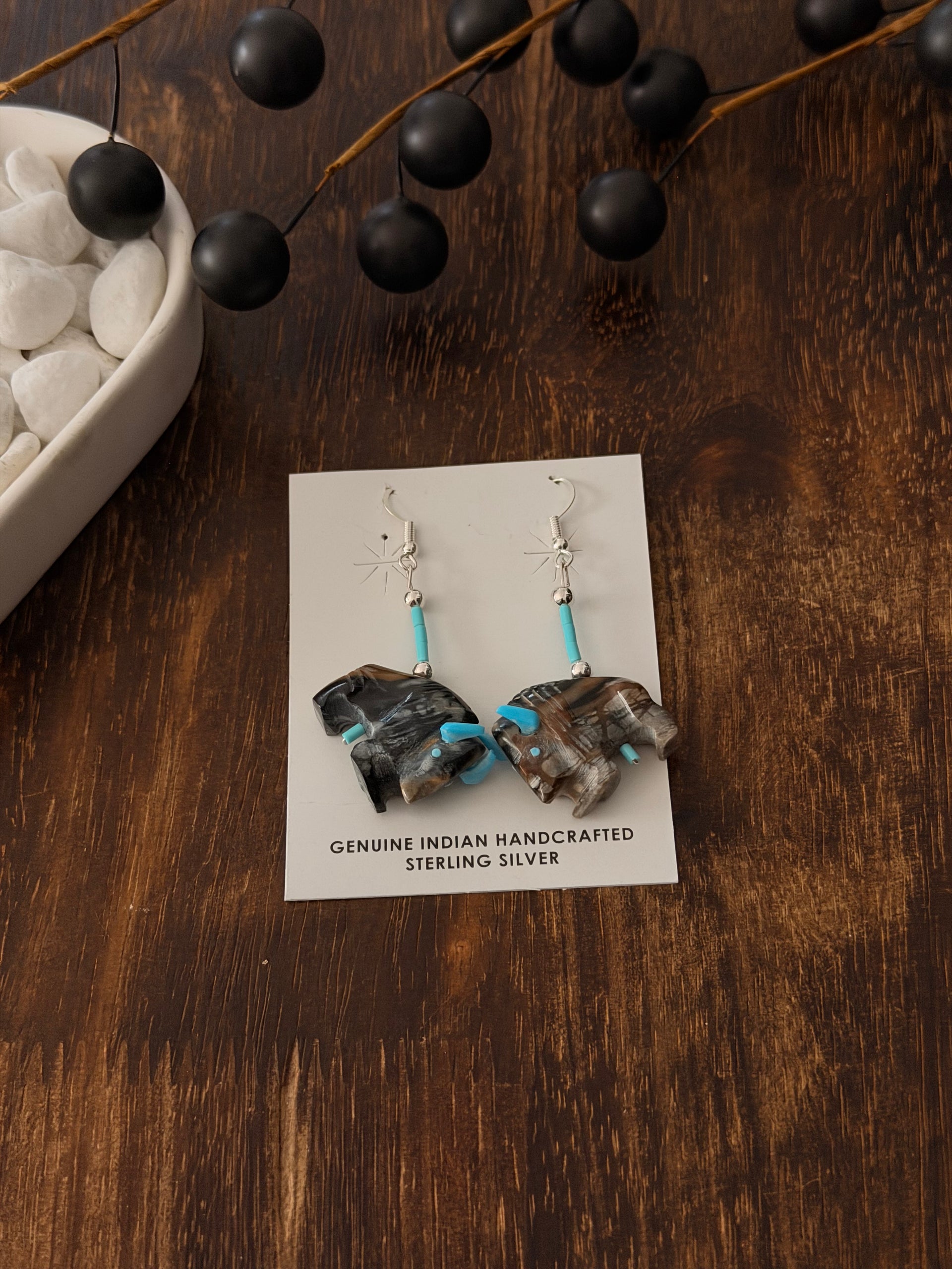 Zuni Fetish Multi Stone & Sterling Silver Dangle Earrings
