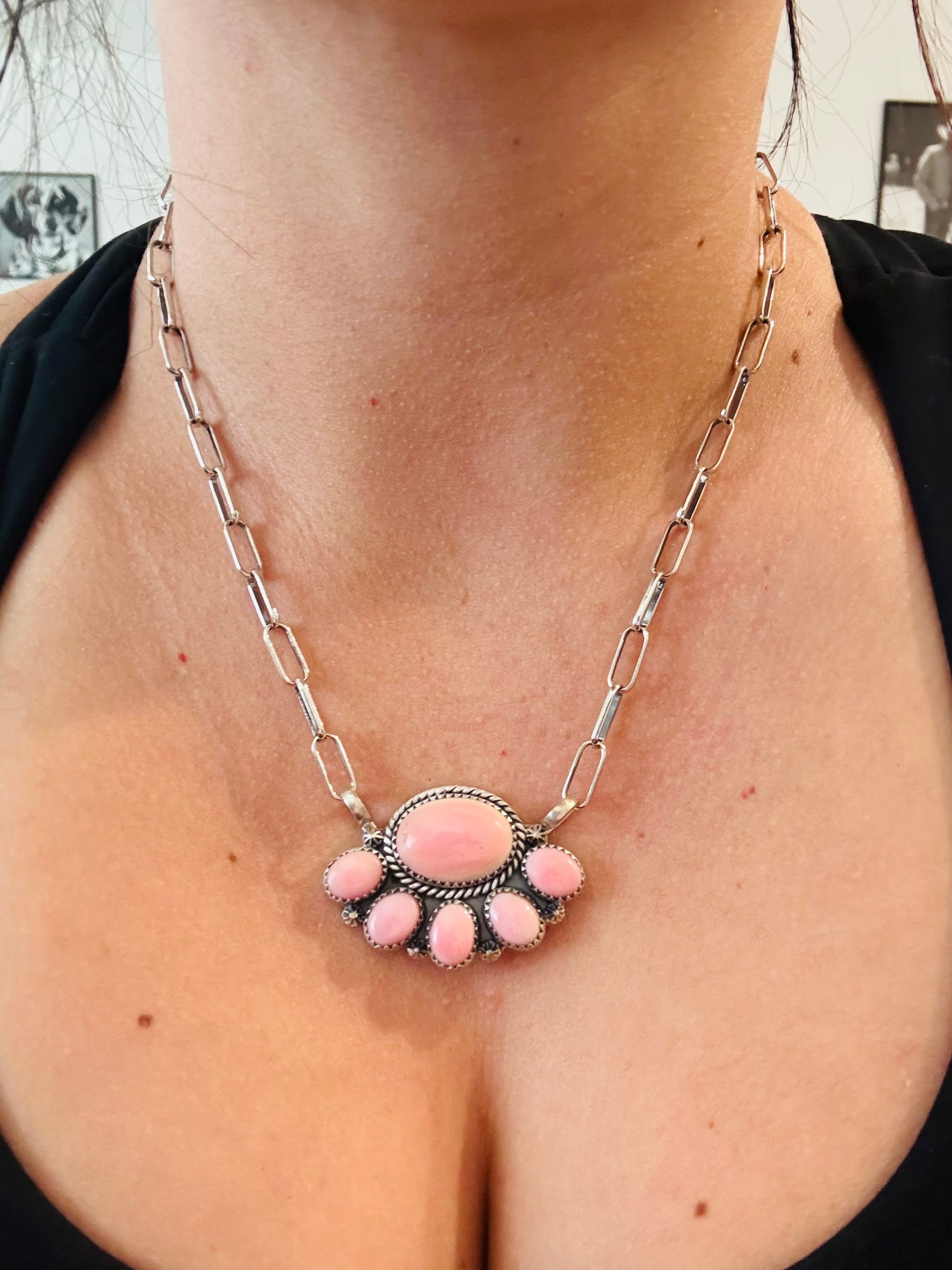 Southwest Made Pink Conch & Sterling Silver Cluster Necklace