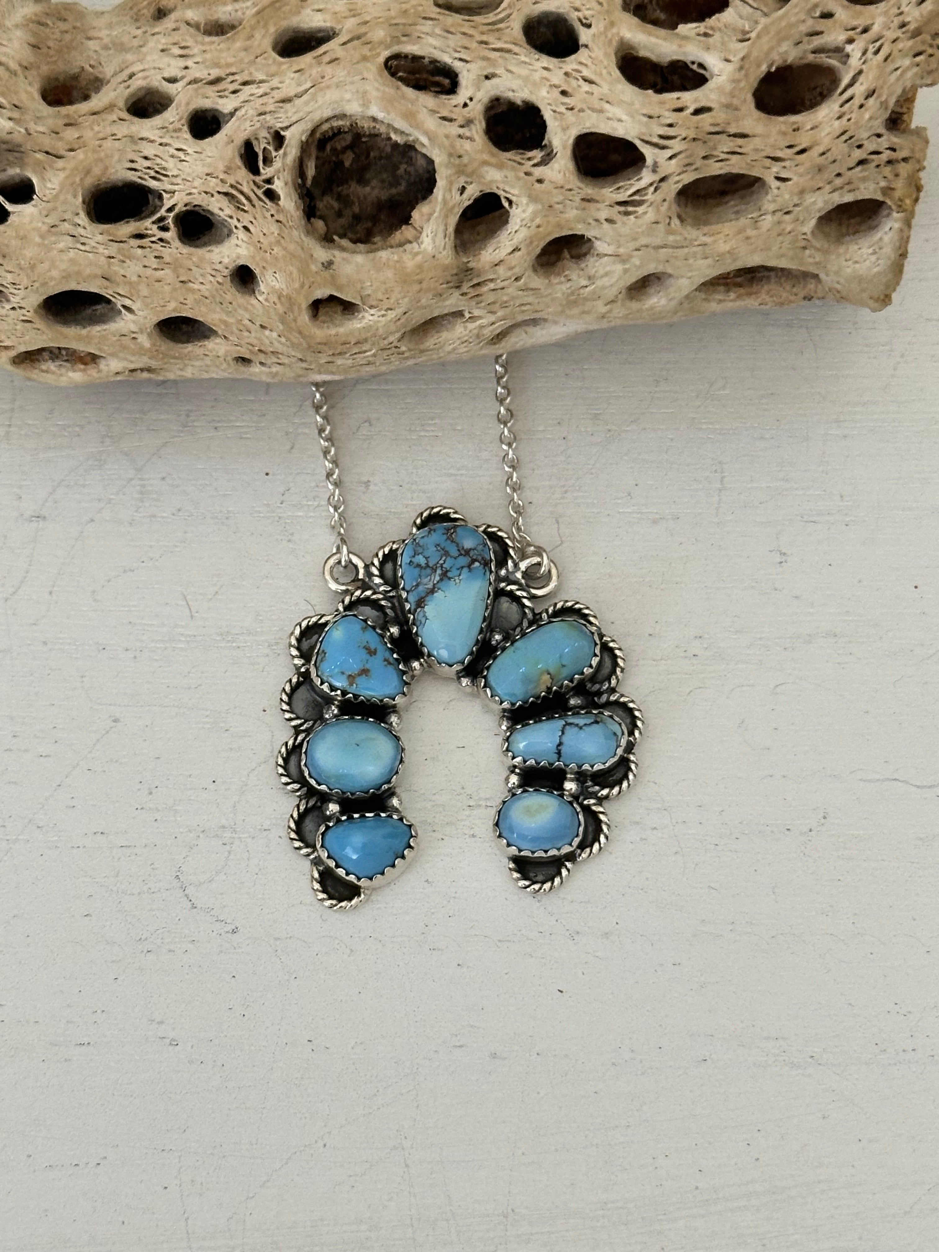 Southwest Handmade Golden Hills Turquoise & Sterling Silver Cluster Naja Necklace