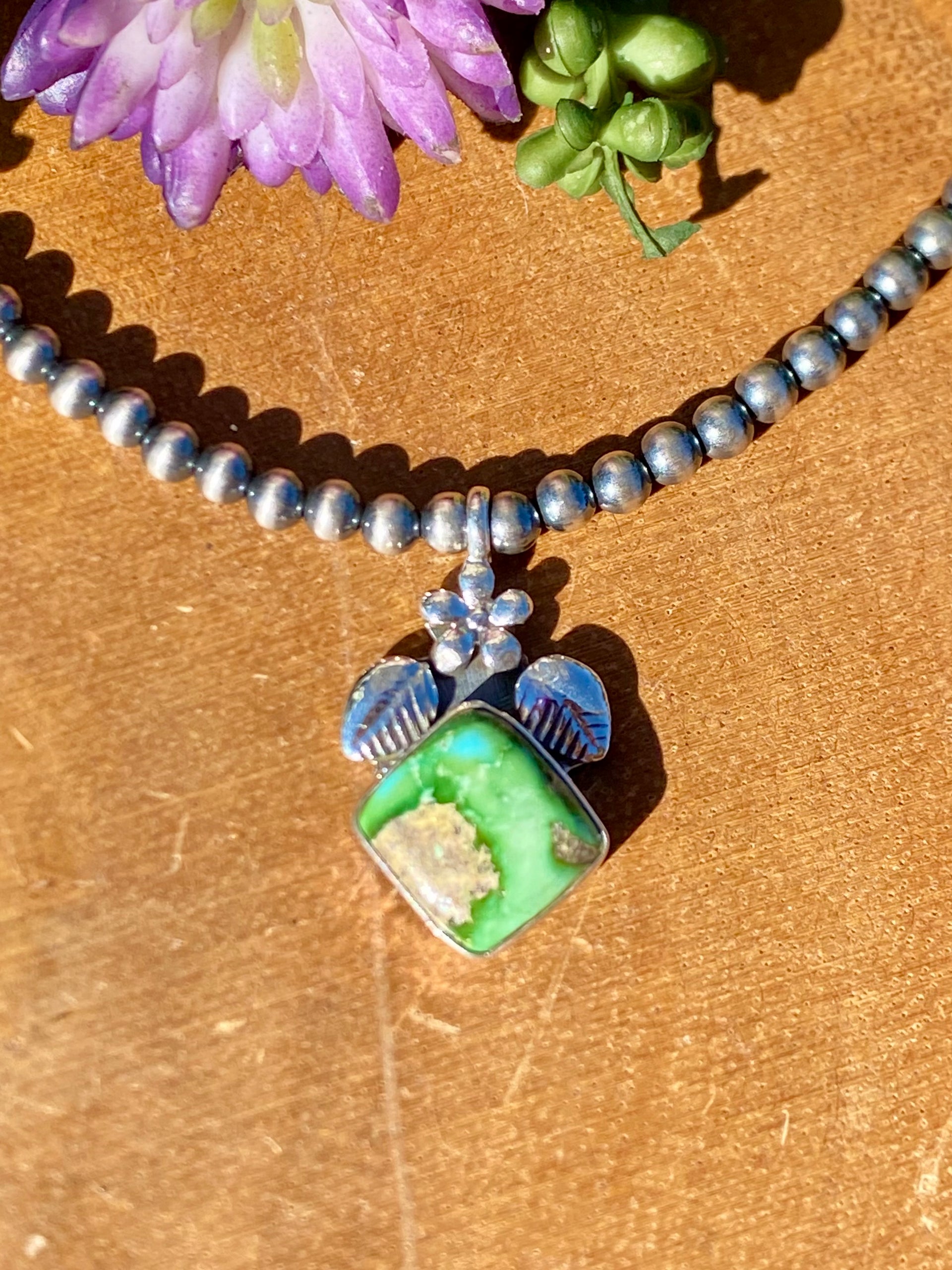 Southwest Handmade Sonoran Gold Turquoise & Sterling Silver 4mm Pearl Necklace Adjustable length Diamond Shape