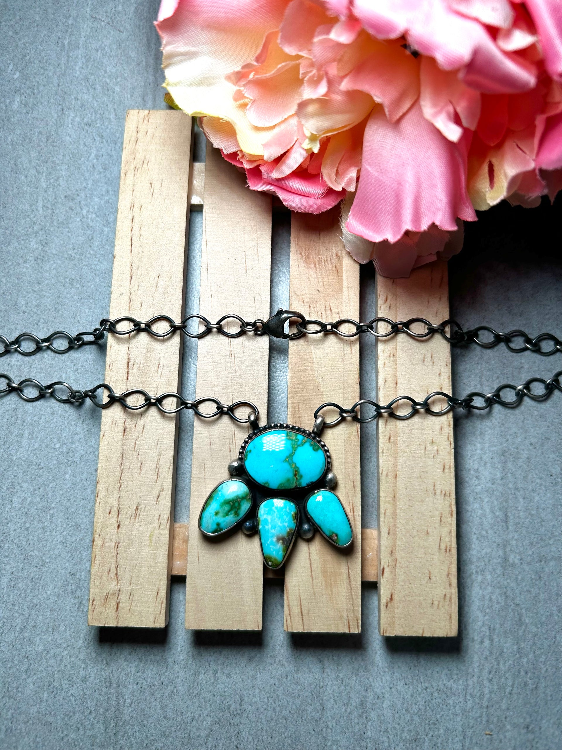 Navajo Made Sonoran Mountain Turquoise & Sterling Silver Cluster Necklace
