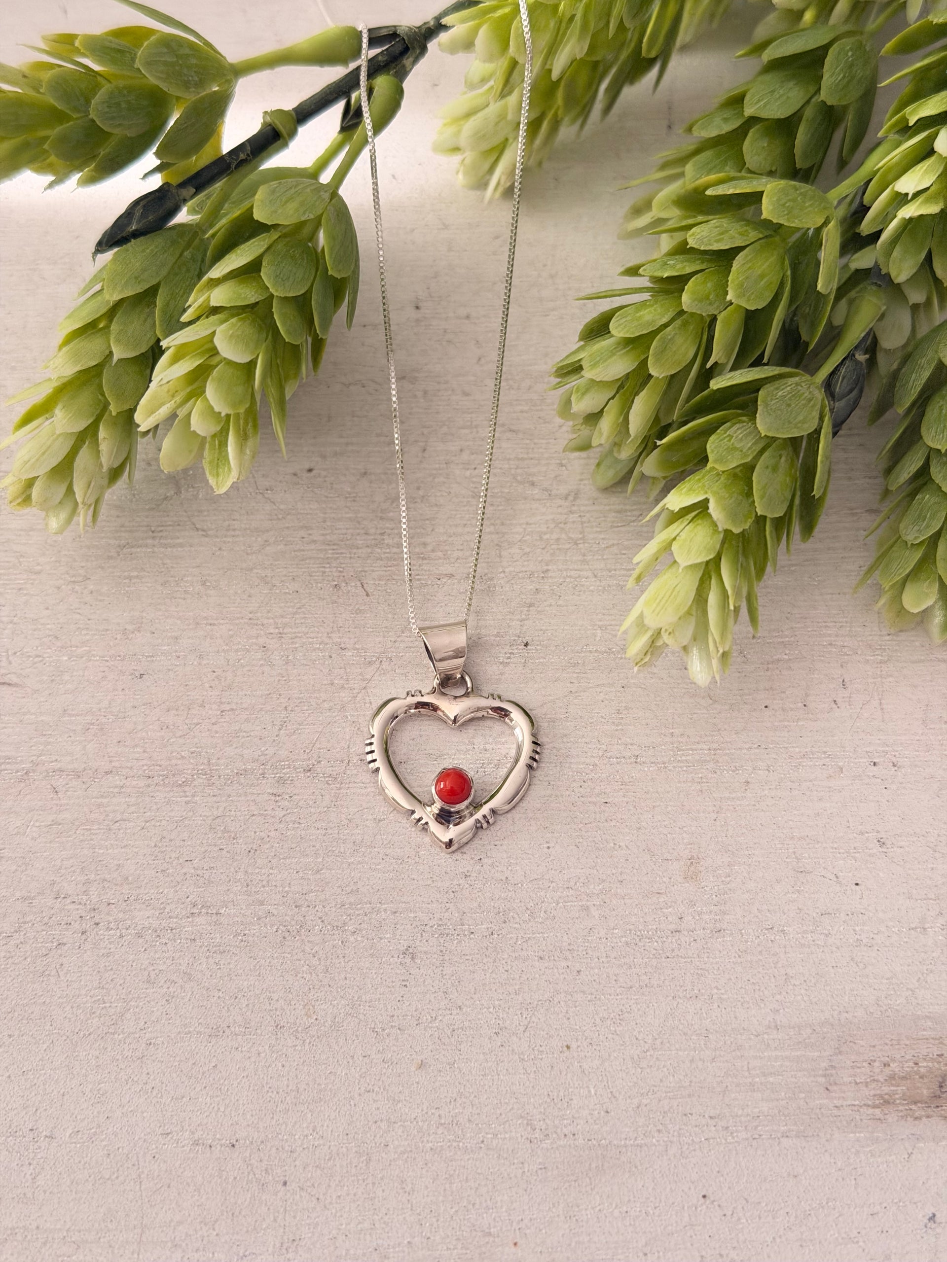 Navajo Made Coral & Sterling Silver Heart Necklace/Pendant