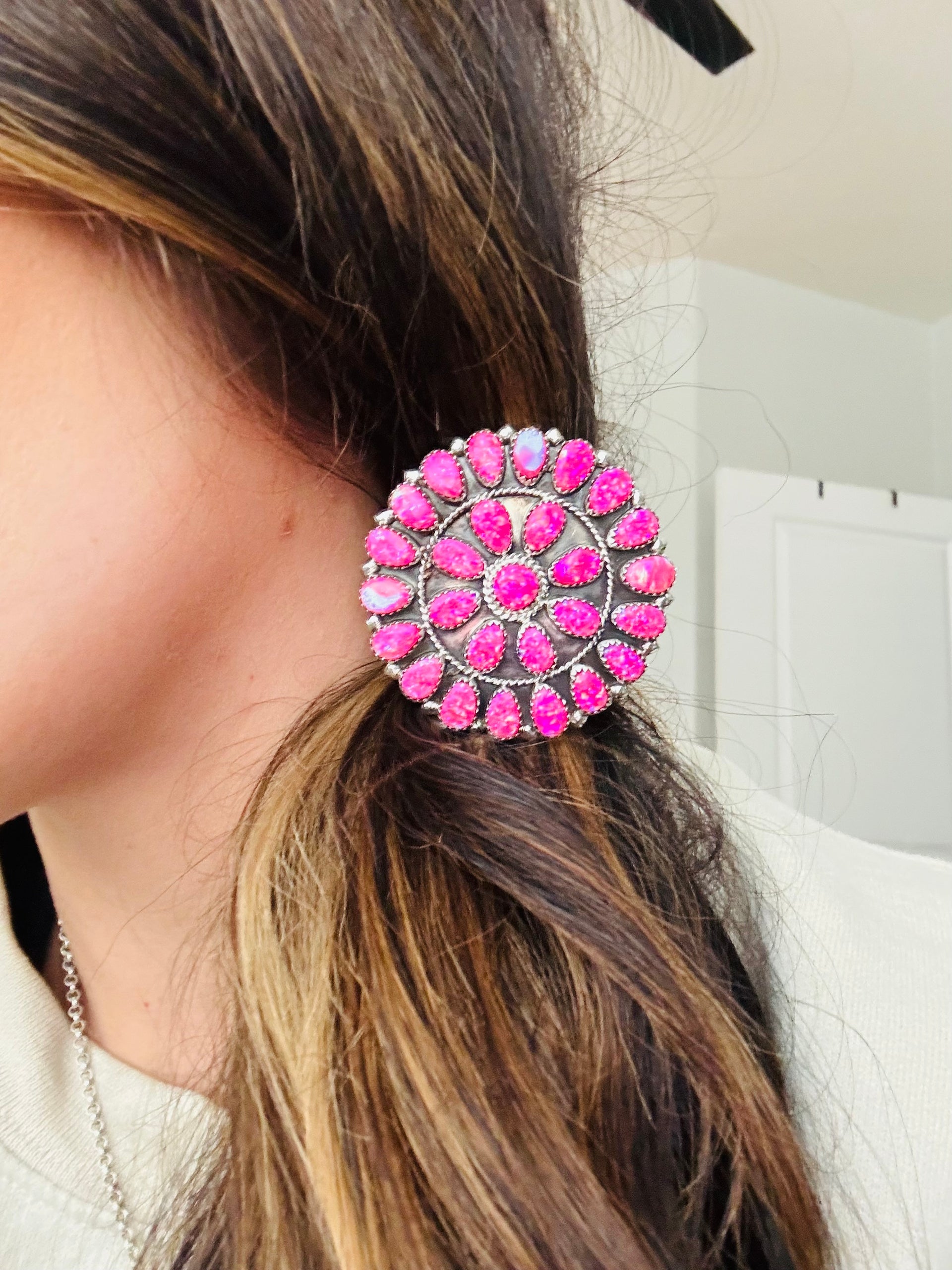 Navajo Made Hot Pink Opal (Man Made) & Sterling Silver Ponytail Holder