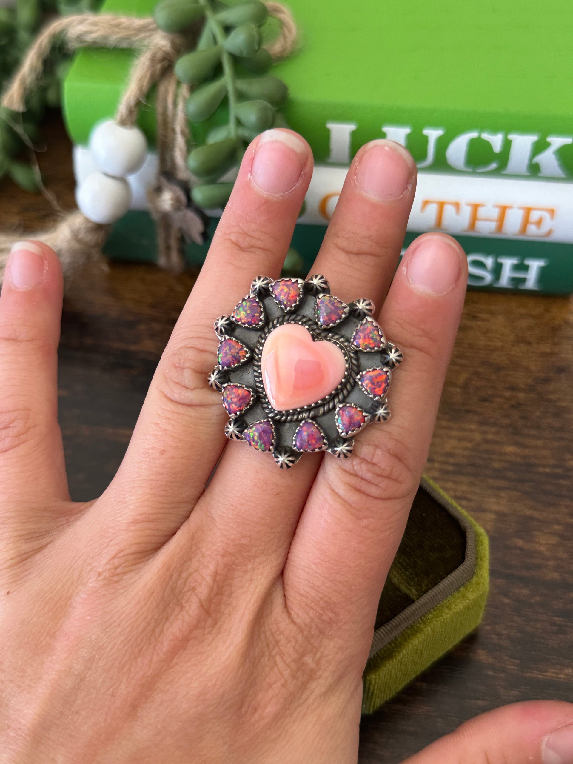 Southwest Handmade Multi Stone & Sterling Silver Adjustable Cluster Heart Ring
