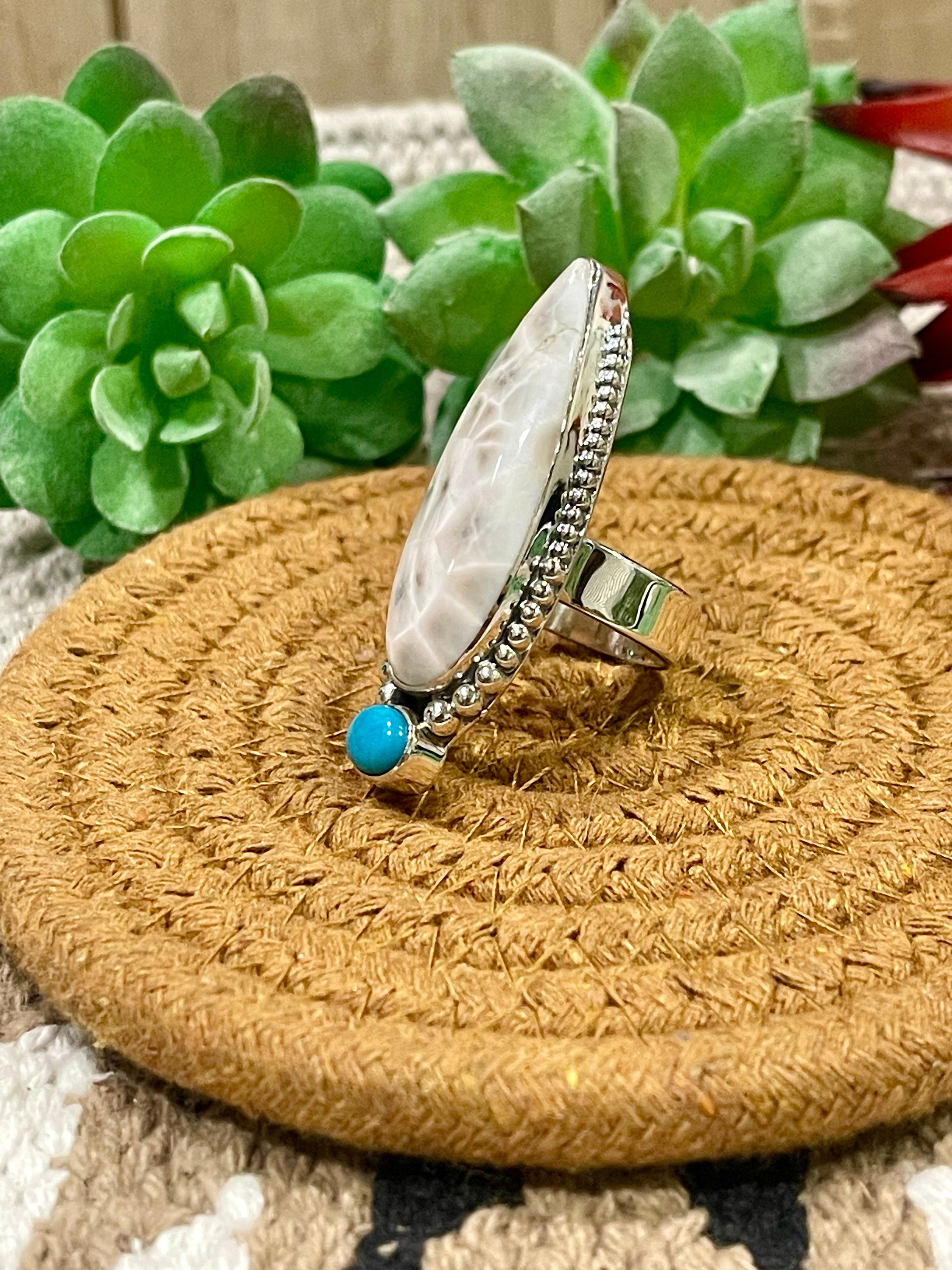 Southwest Handmade Pink Larimar With Kingman Turquoise & Sterling Silver Adjustable Ring