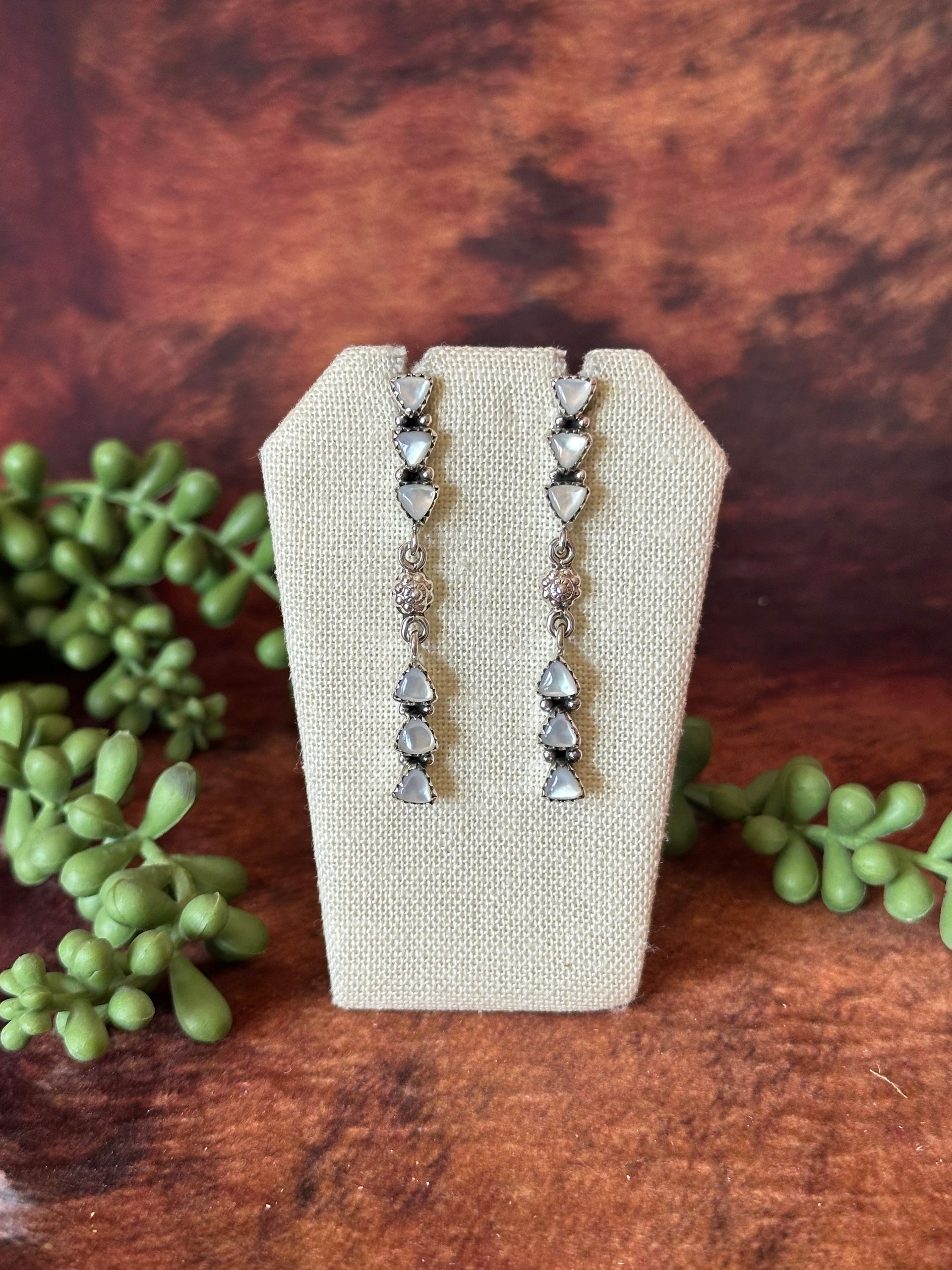 Southwest Handmade Mother of Pearl & Sterling Silver Post Dangle Earrings