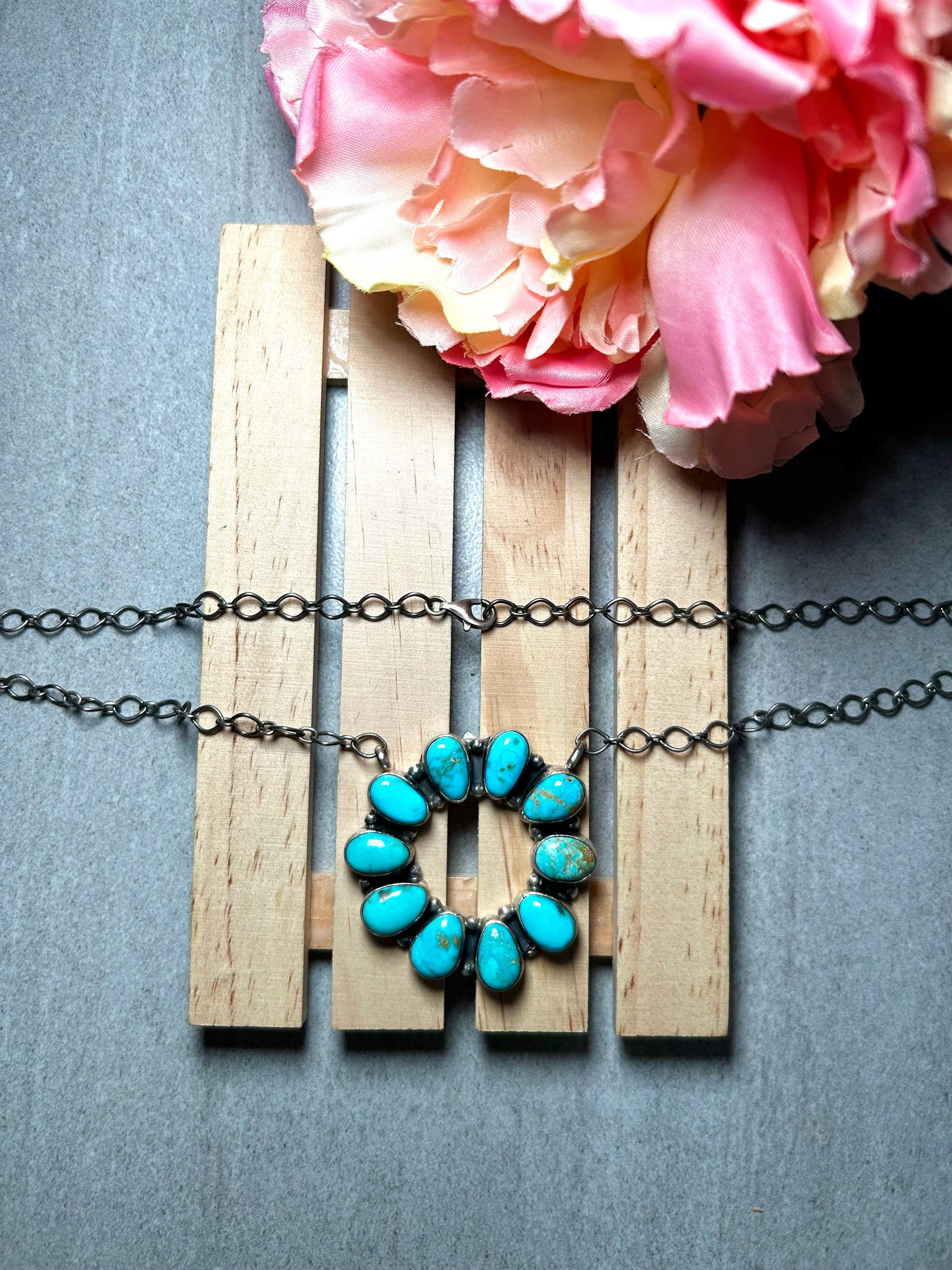 Navajo Made Royston Turquoise & Sterling Silver Cluster Necklace