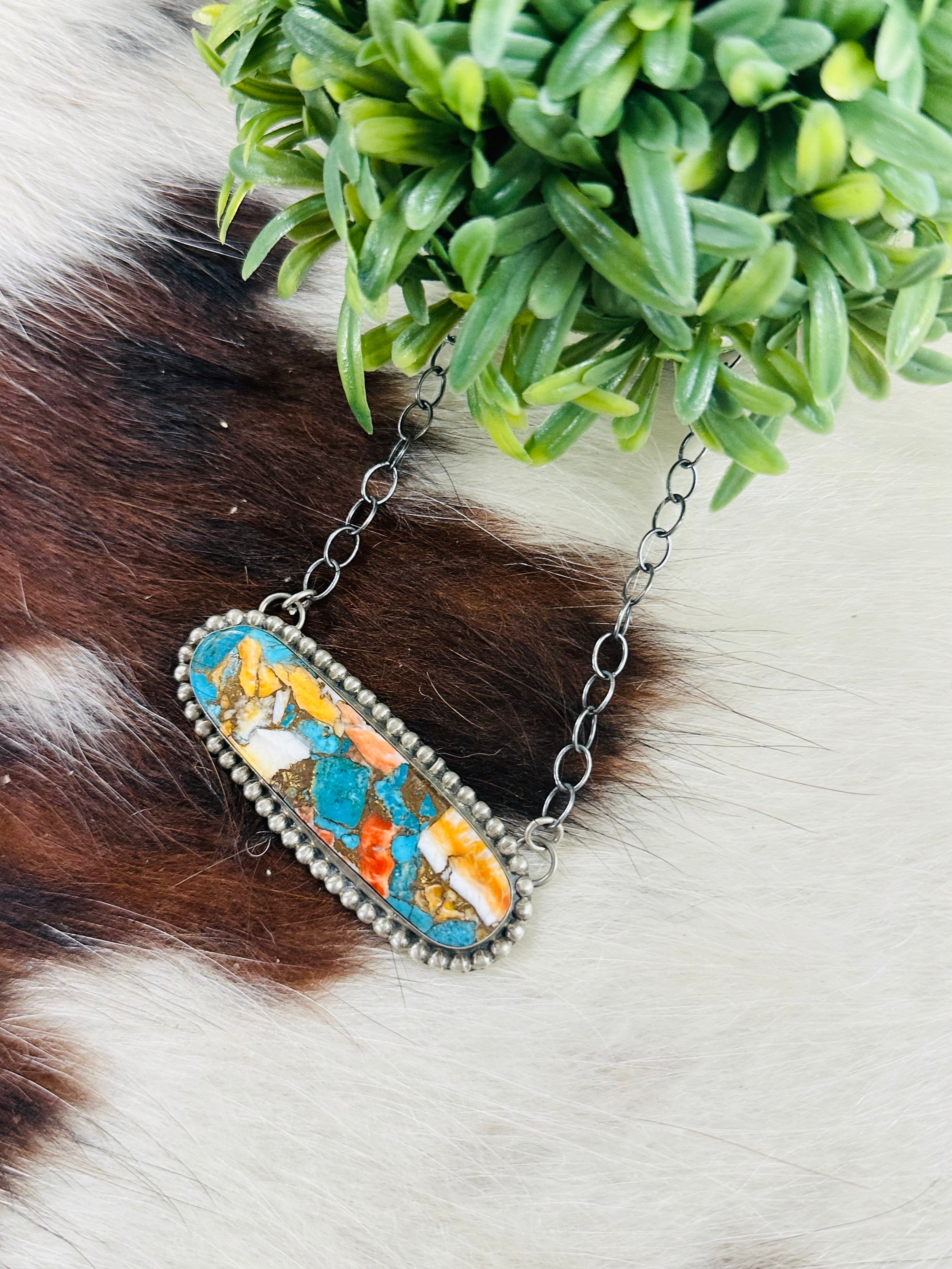 Navajo Made Mohave Turquoise & Sterling Silver Necklace