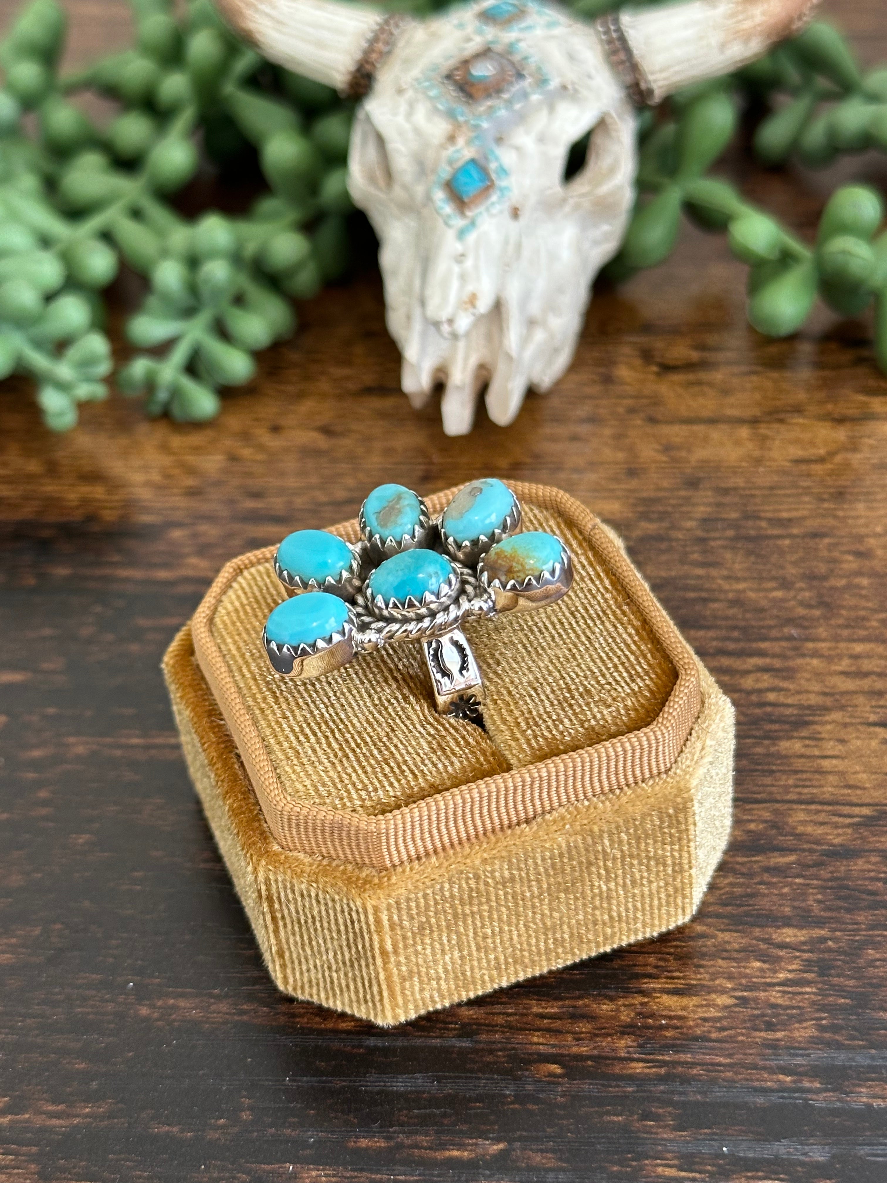 Southwest Handmade Kingman Turquoise & Sterling Silver Adjustable Cluster Ring