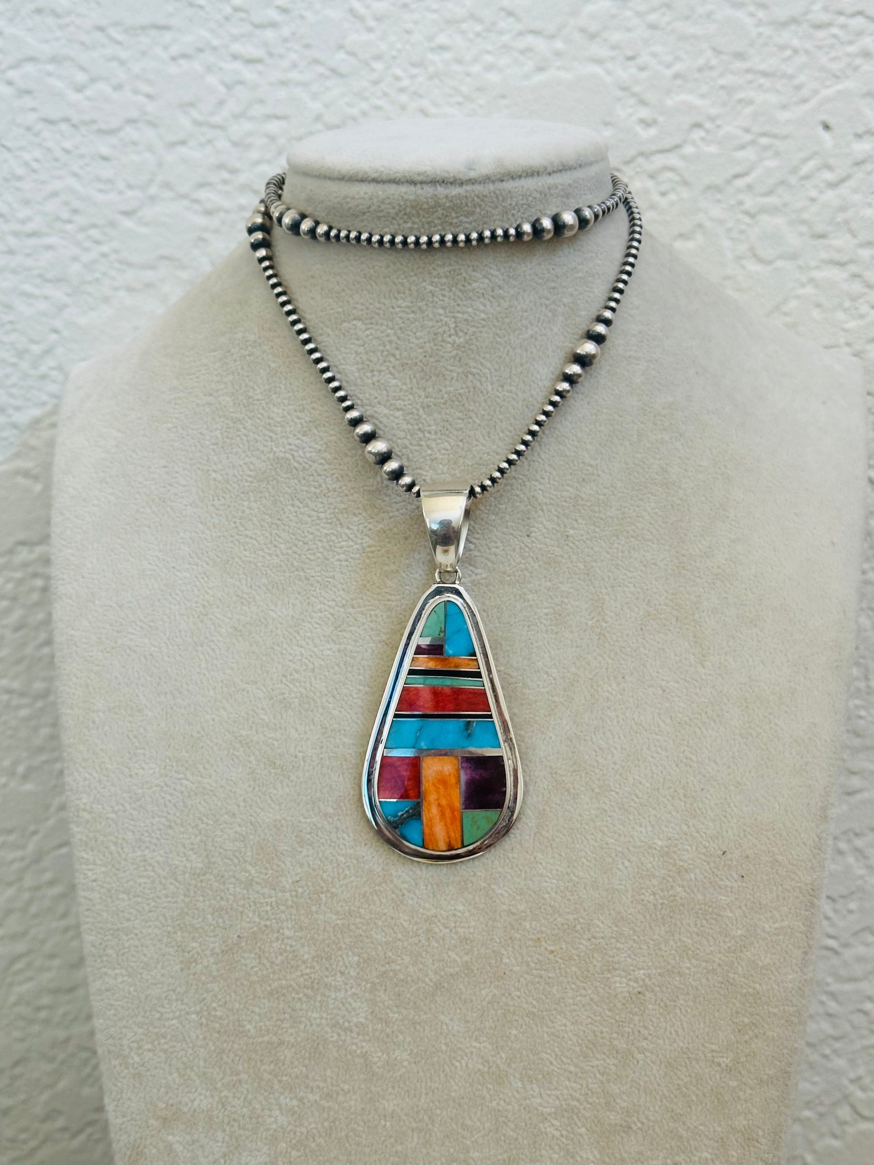 Navajo Made Multi Stone & Sterling Silver Inlay Pendant