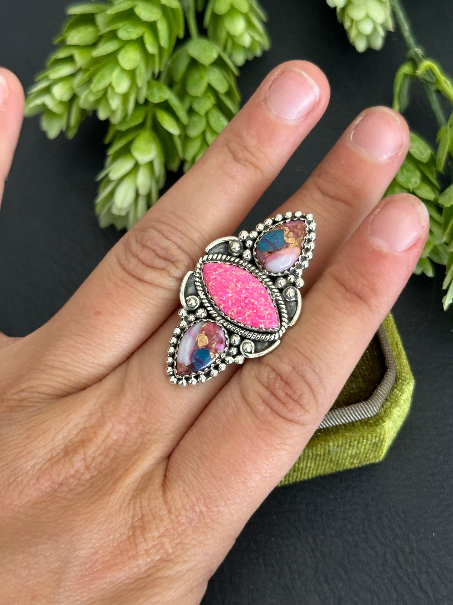 Southwest Handmade Multi Stone & Sterling Silver Adjustable Cluster Ring
