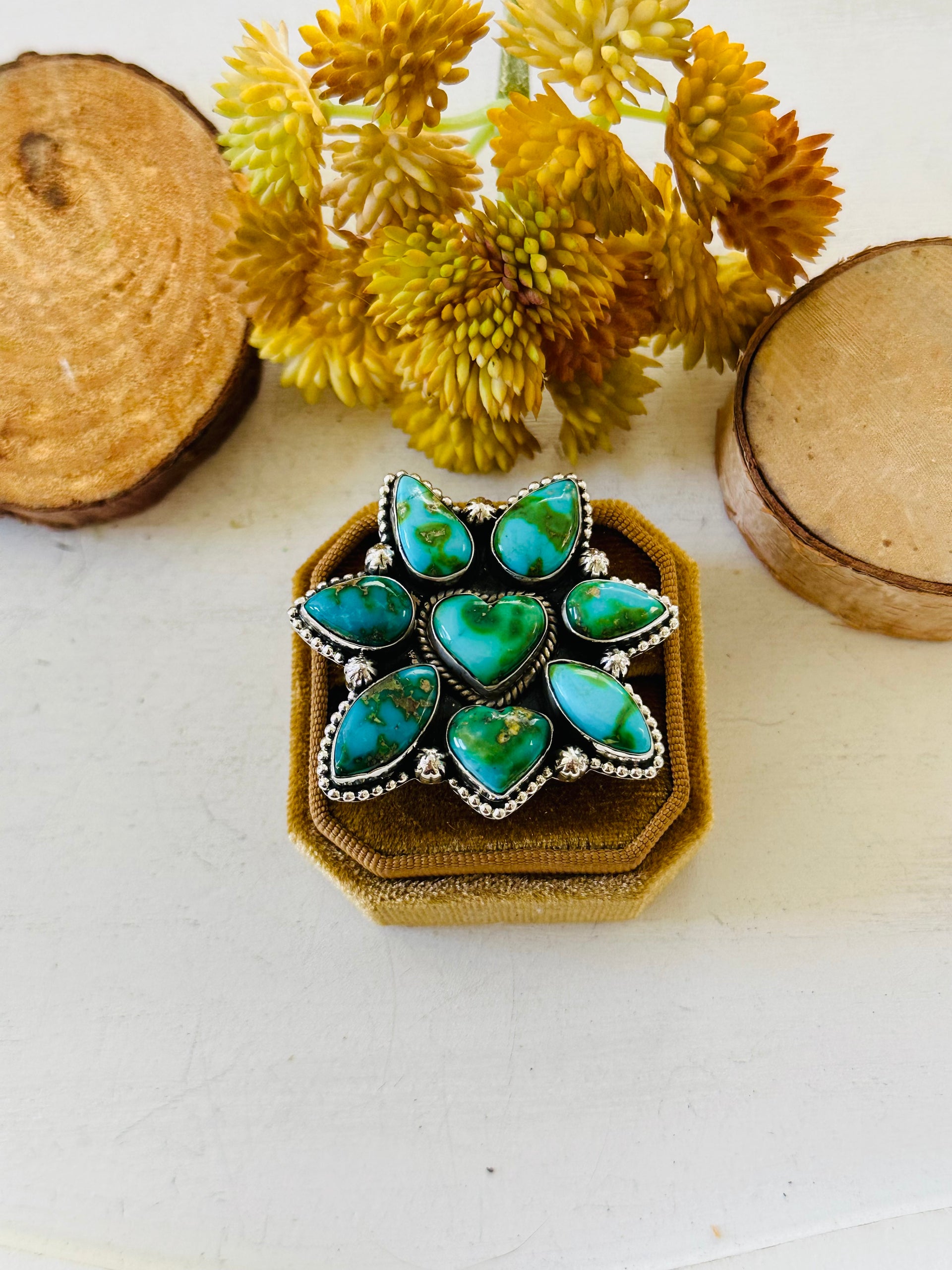 Southwest Handmade Sonoran Mountain Turquoise & Sterling Silver Adjustable Cluster Ring