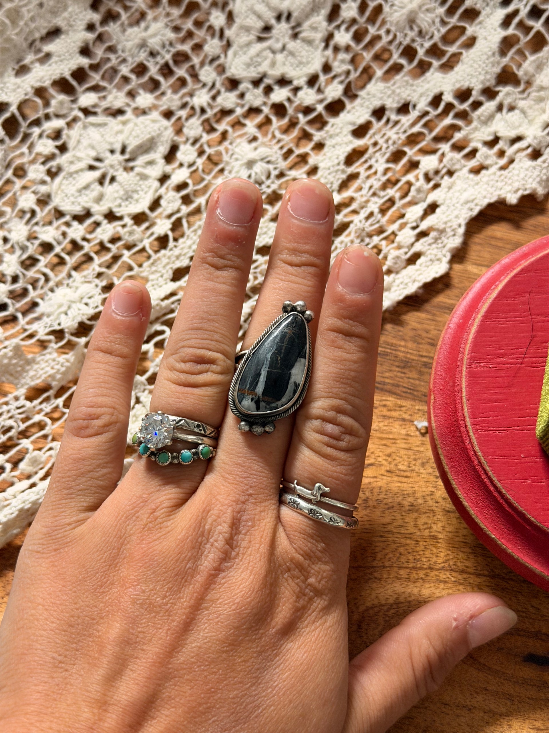 Scott Skeets White Buffalo & Sterling Silver Ring Size 7.75