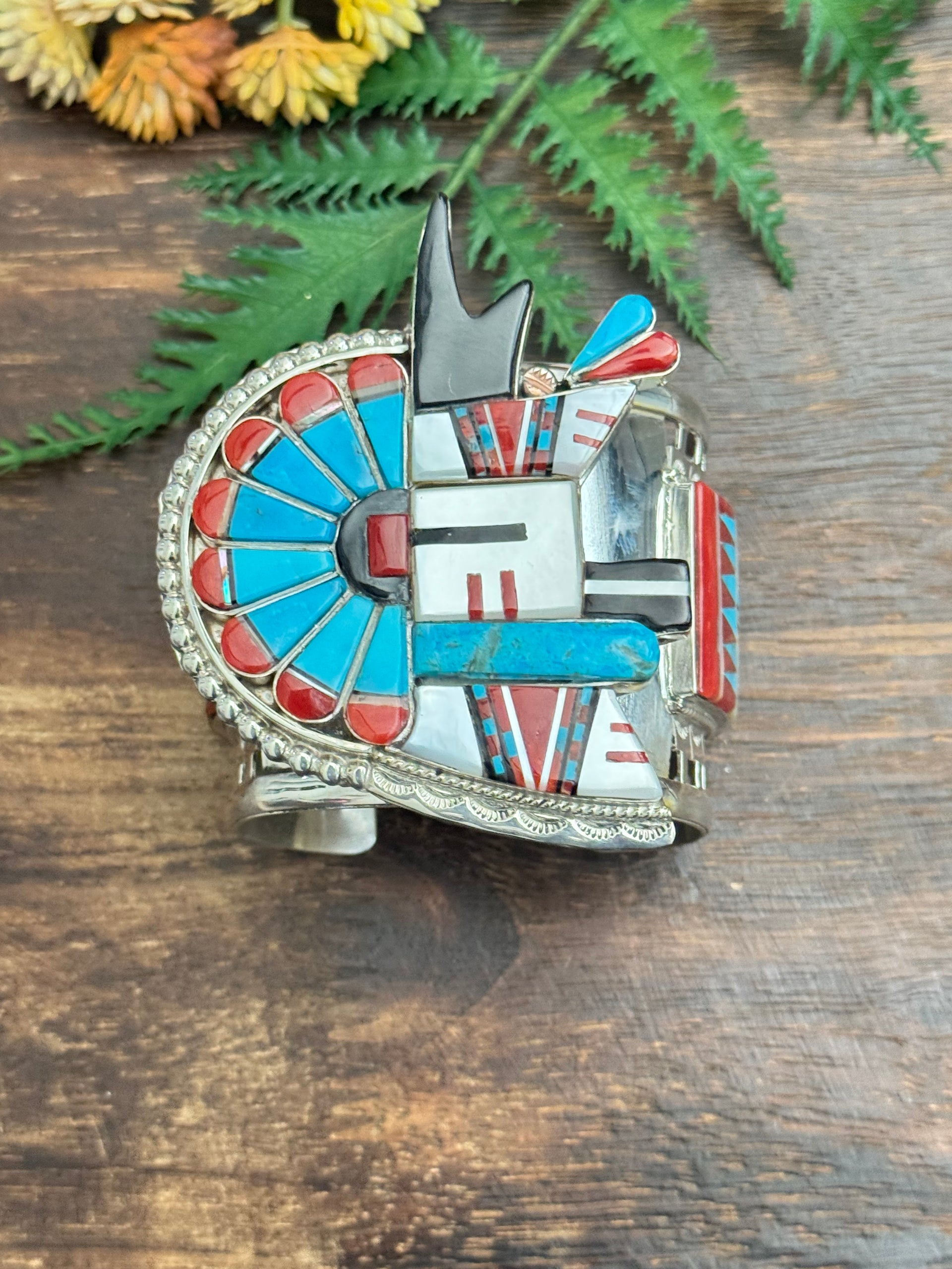 Patty Eddaakie Zuni Multi Stone & Sterling Silver Inlay Cuff Bracelet