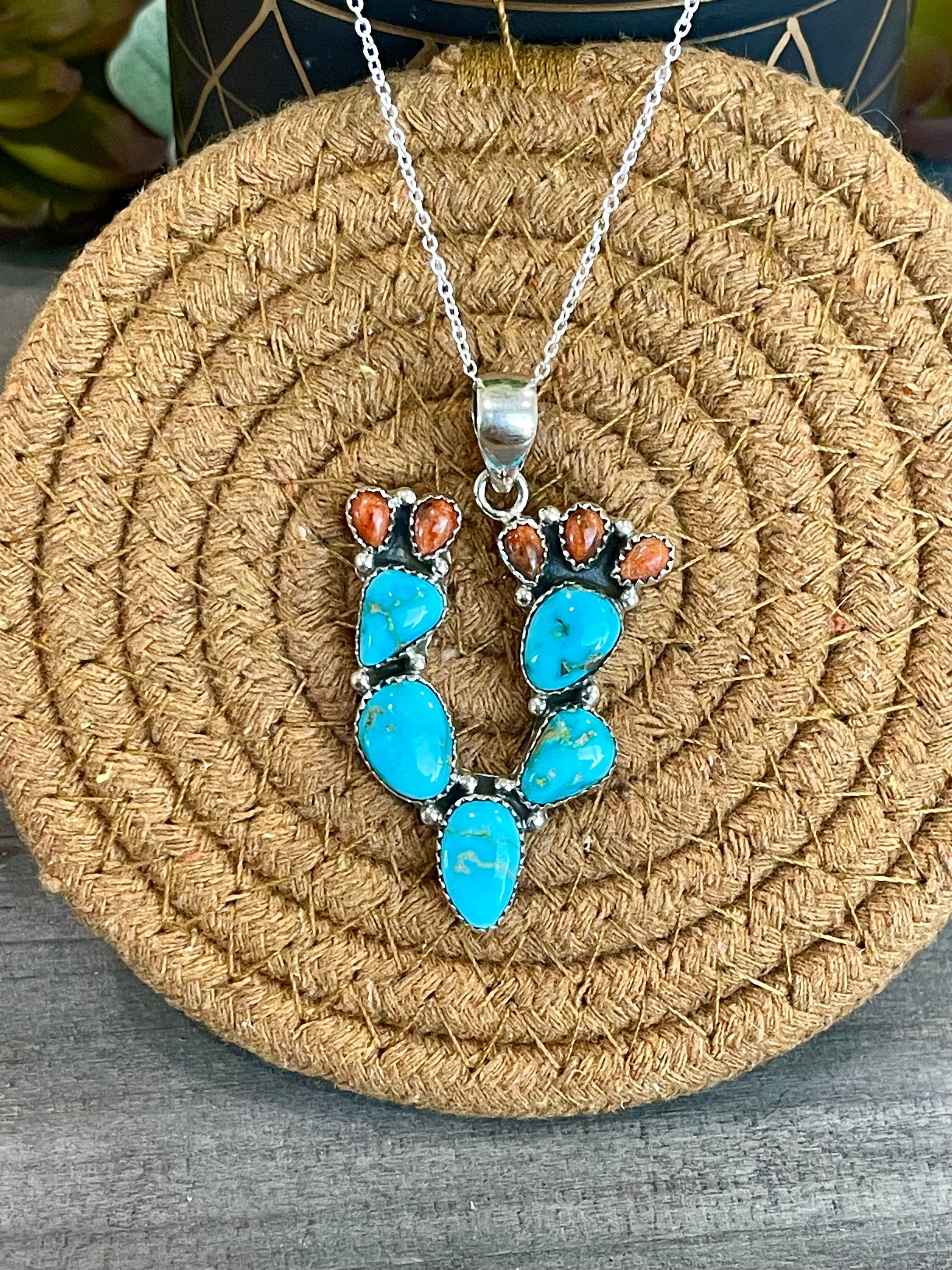 Southwest Handmade Sonoran Mountain Turquoise & Sterling Silver Prickly Pear  Necklace