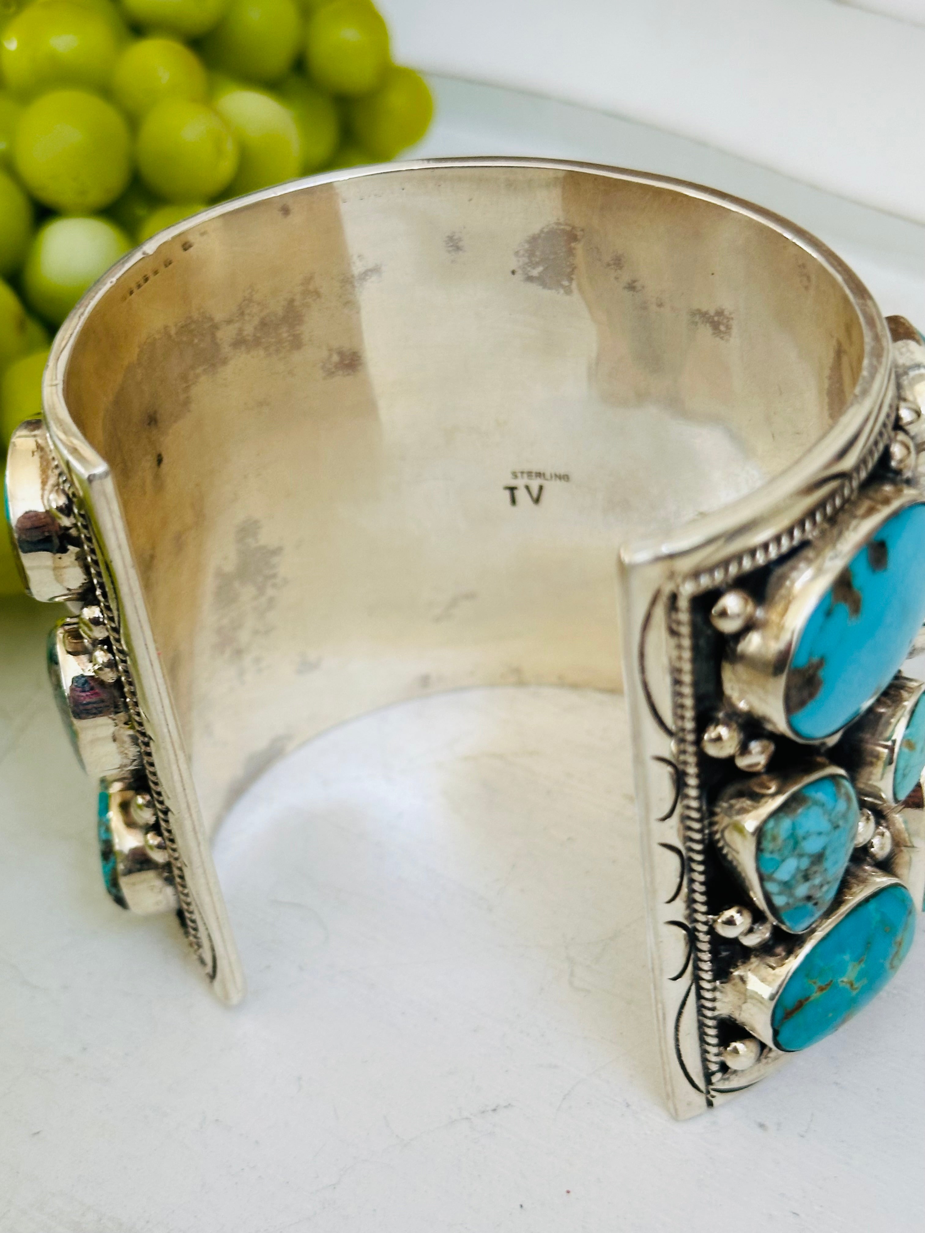 Ted Vacit Kingman Turquoise & Sterling Silver Cluster Cuff Bracelet