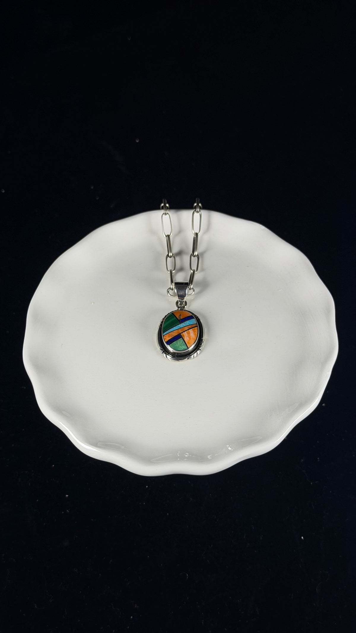Navajo Made Multi Stone & Sterling Silver Inlay Pendant