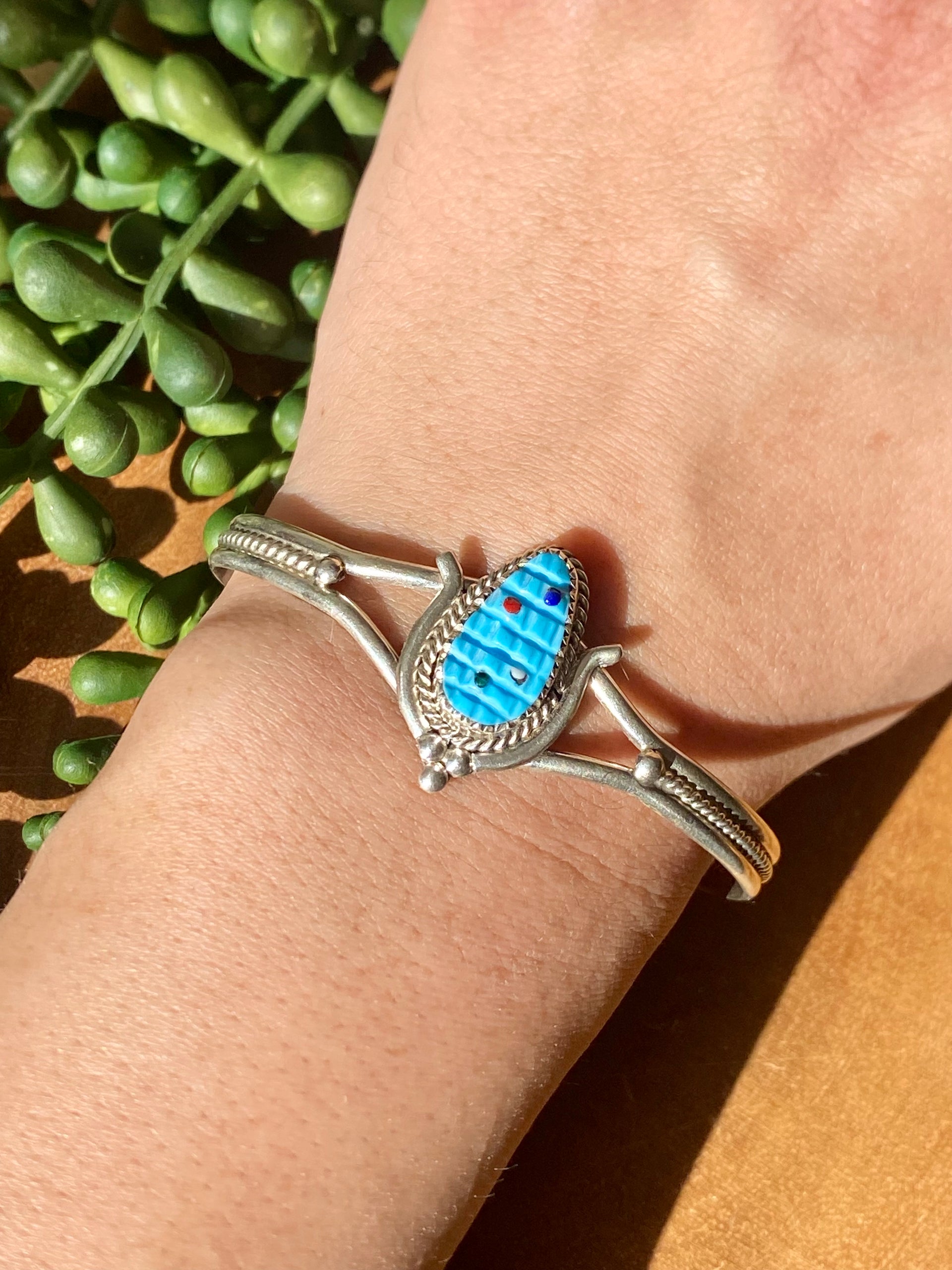 Zuni Handmade Multi Stone & Sterling Silver Corn Cuff Bracelet