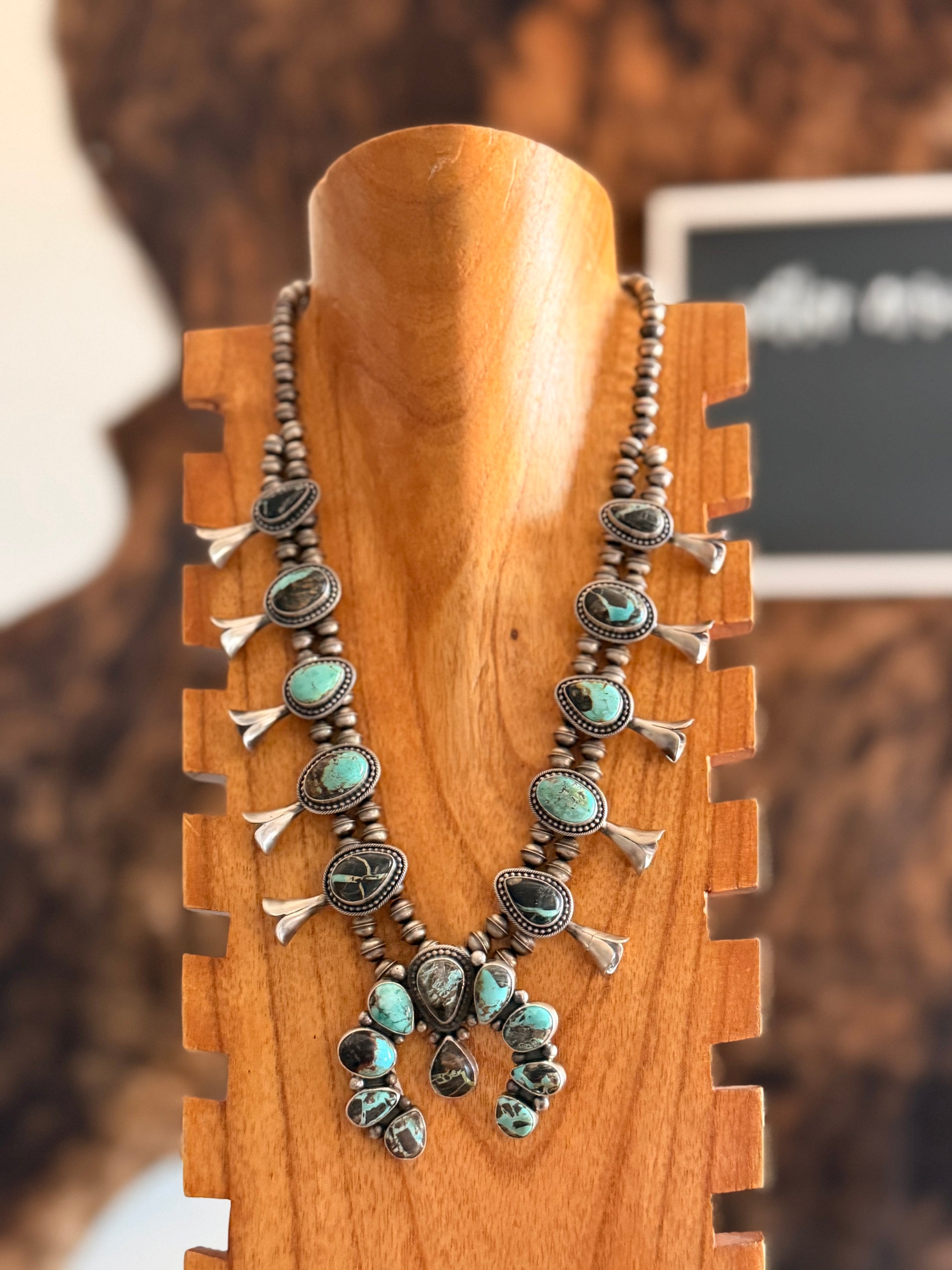 Eli Skeets Black Jack Turquoise & Sterling Silver Squash Blossom Necklace Set