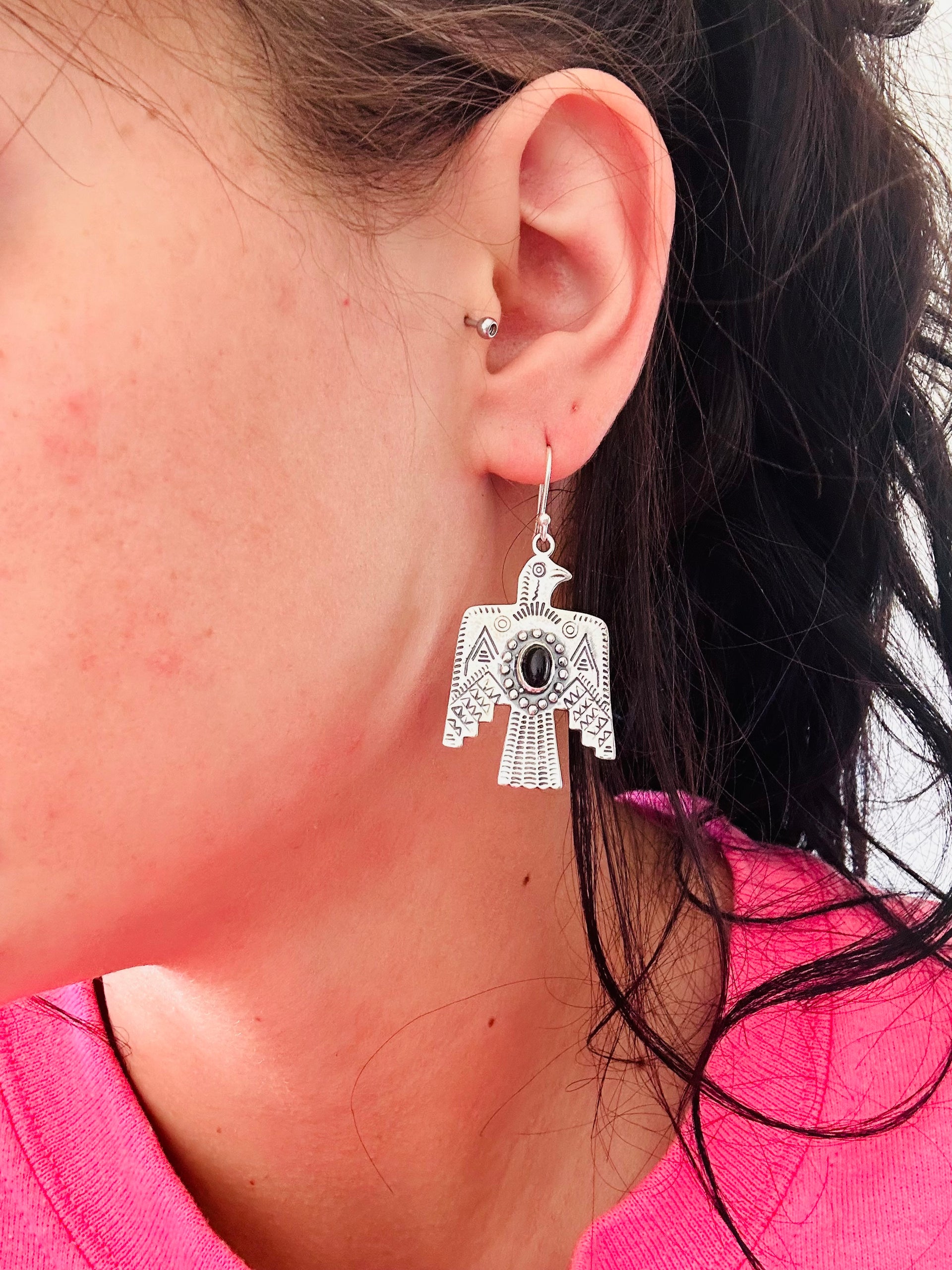 Southwest Handmade Onyx & Sterling Silver Dangle Thunderbird Earrings