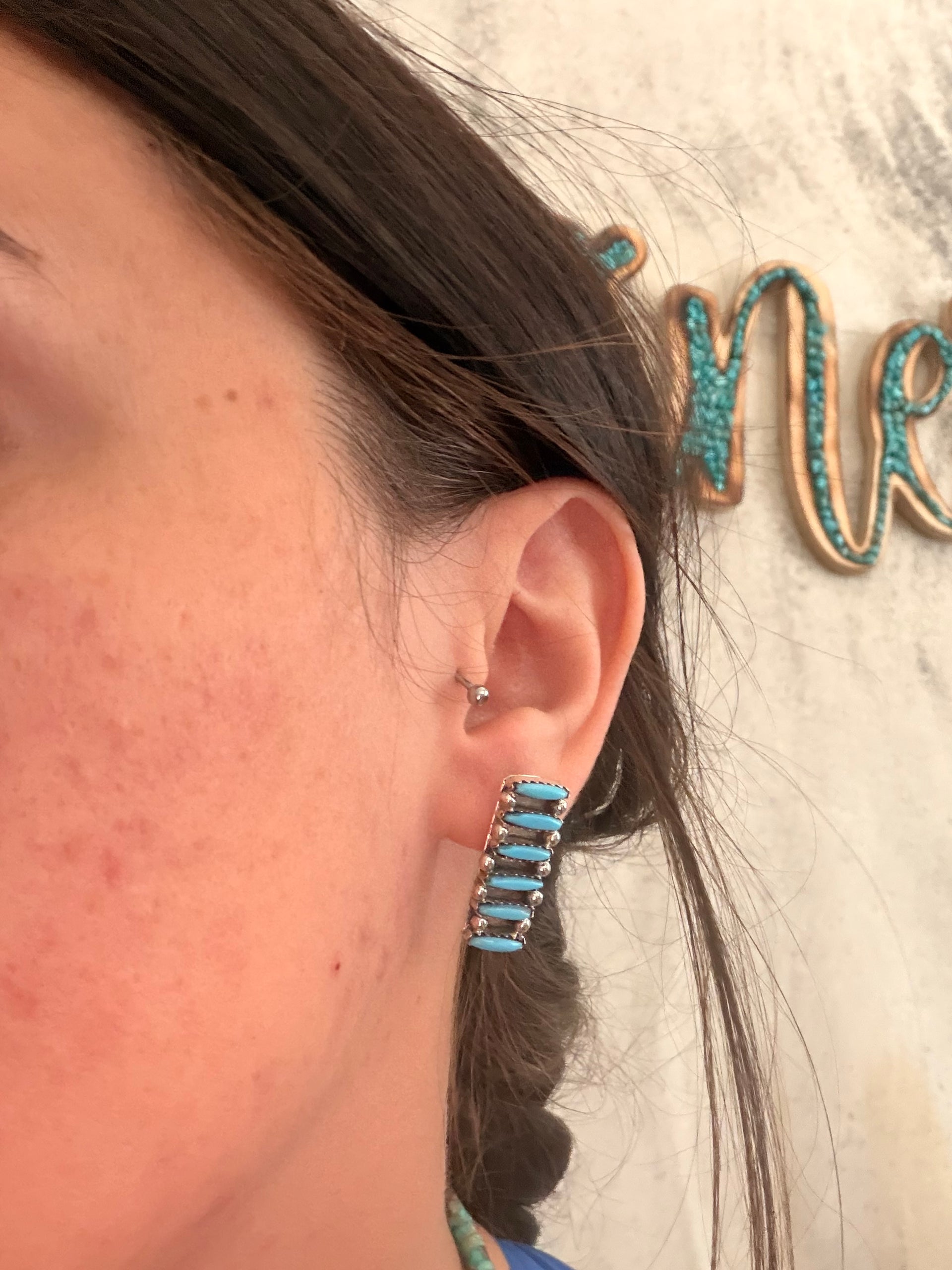 Zuni Made Turquoise Petite Point & Sterling Silver Post Dangle Earrings