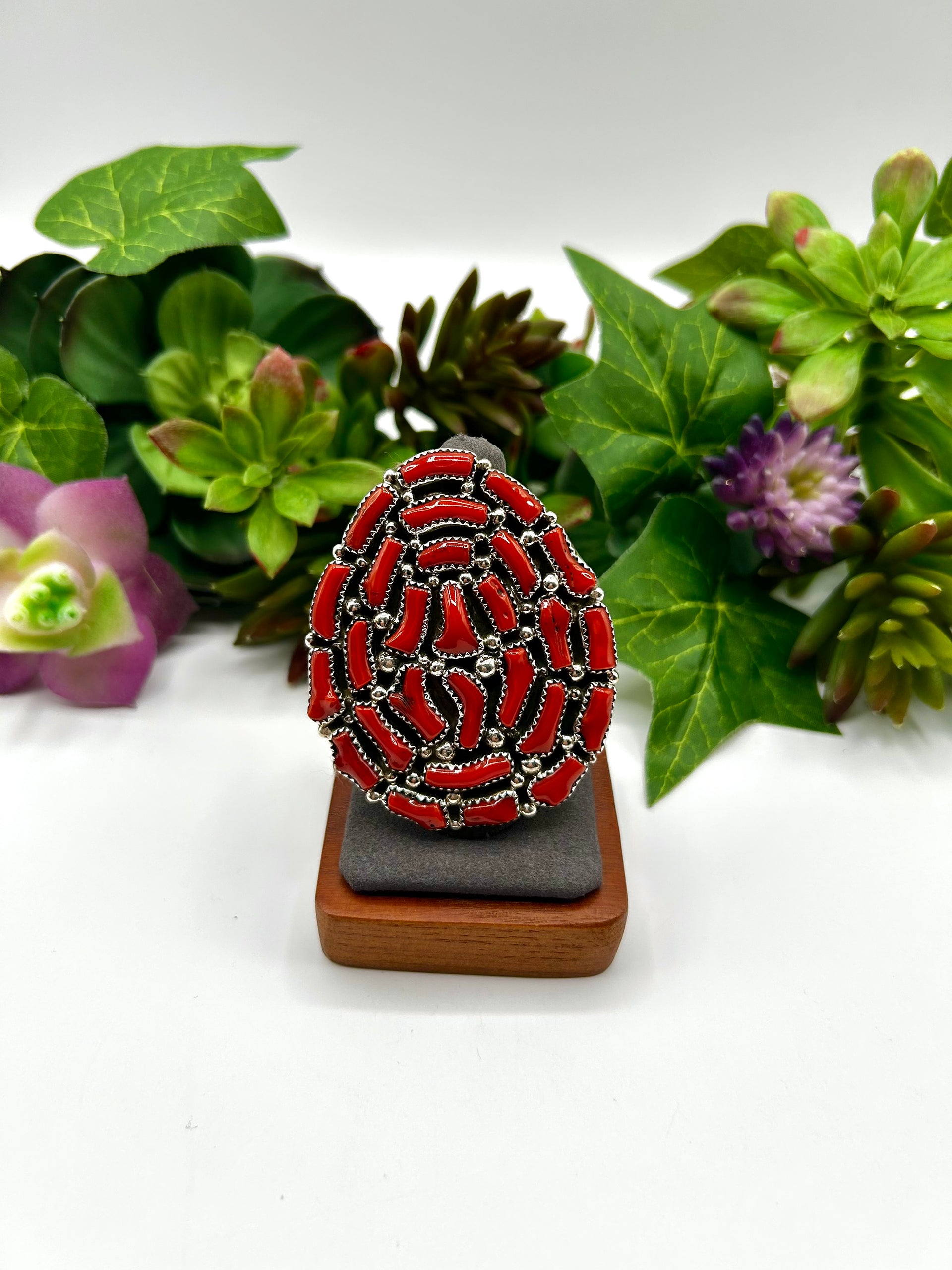 Navajo Made Mediterranean Coral & Sterling Silver Adjustable Ring