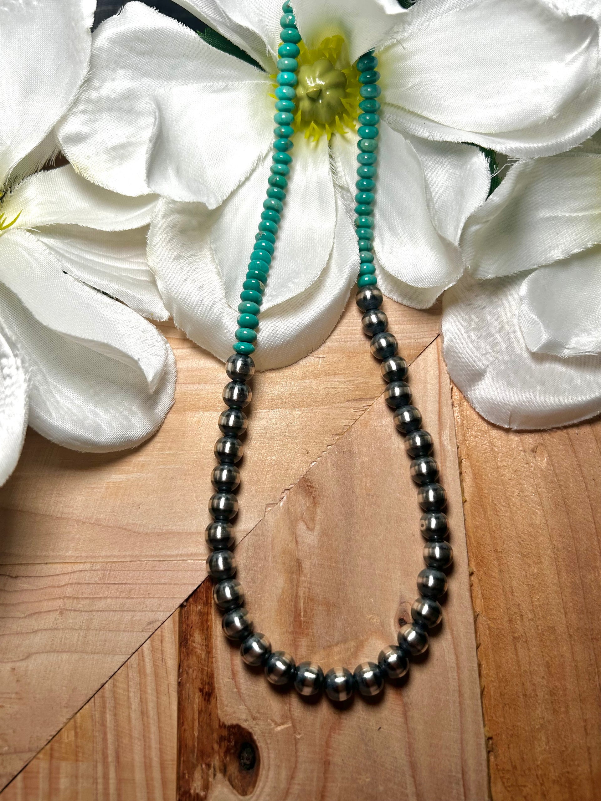 Navajo Made Strung 8MM Kingman Turquoise & Sterling Silver Necklace