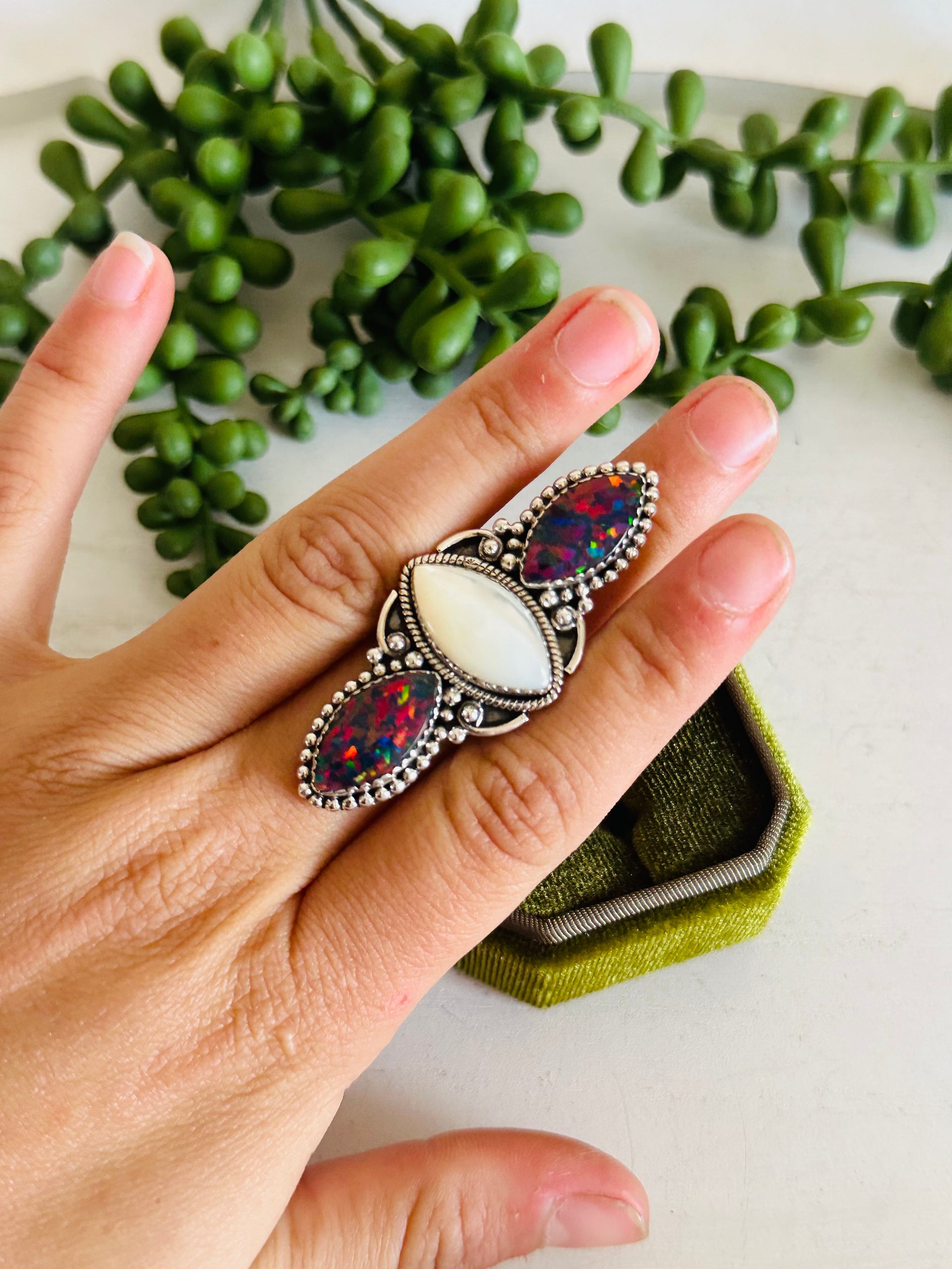 Southwest Handmade Multi Stone & Sterling Silver Adjustable Cluster Ring