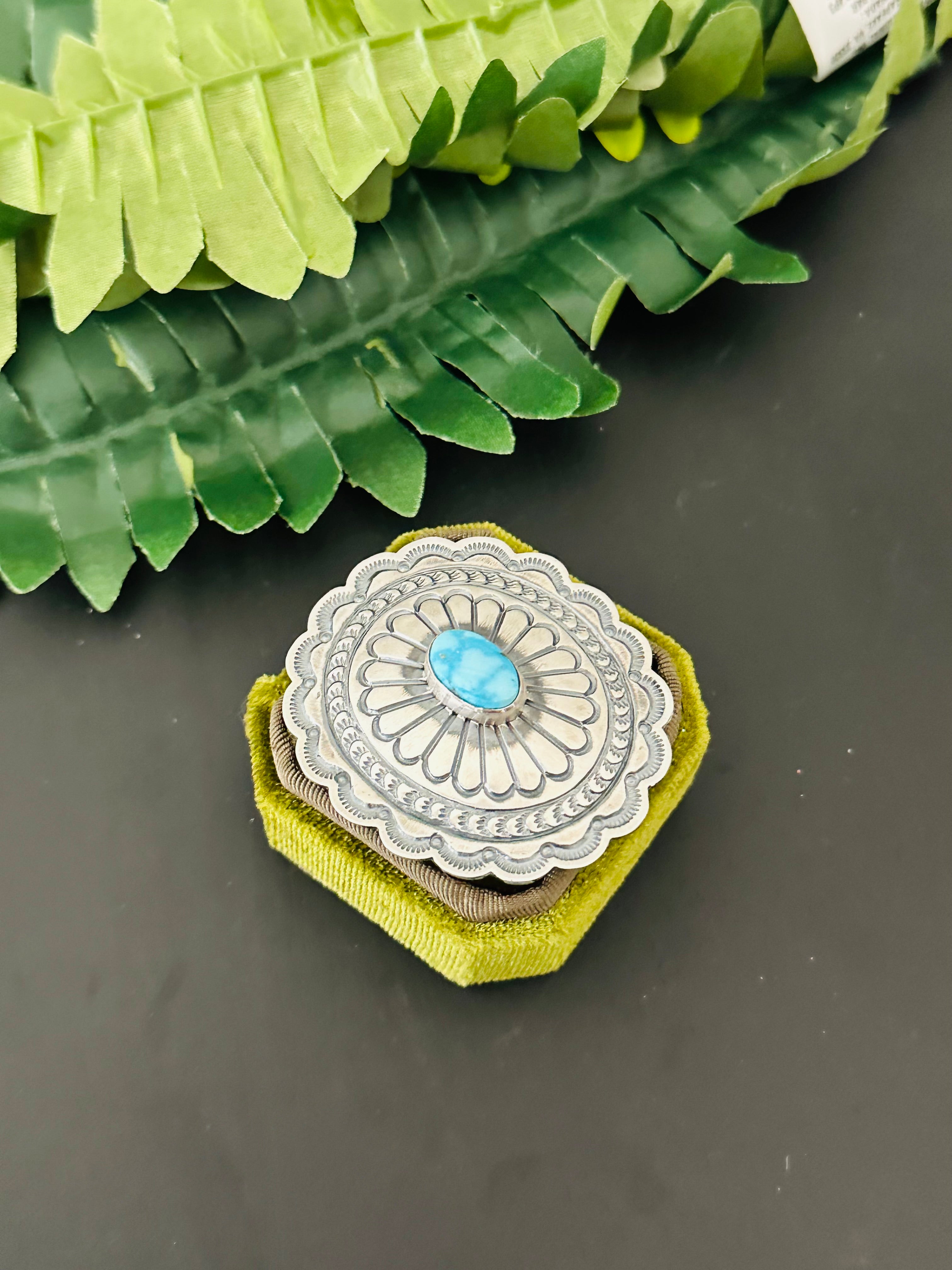 Navajo Made Golden Hills Turquoise & Sterling Silver Concho Ring Size 7.5