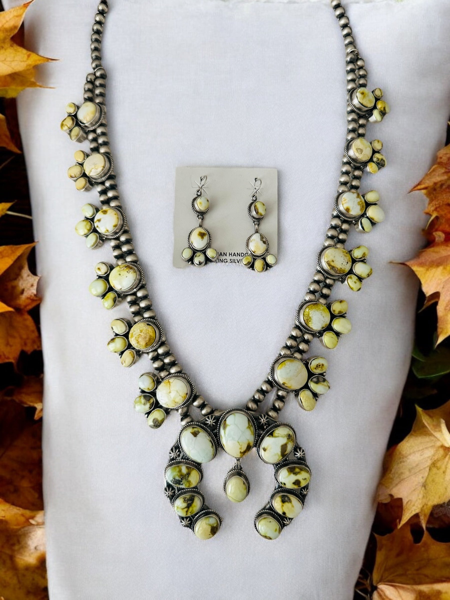 Shirley Henry Palomino Variscite & Sterling Silver Squash Necklace Set