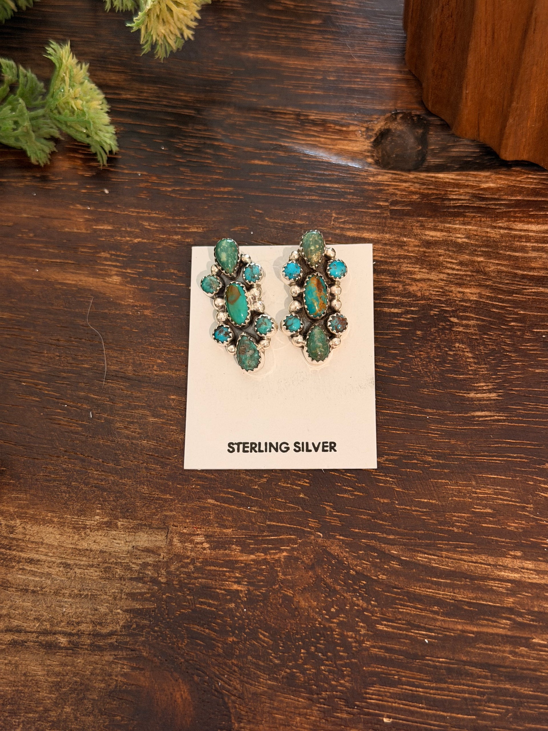 Pearline Spencer Kingman Turquoise & Sterling Silver Post Dangle Cluster Earrings