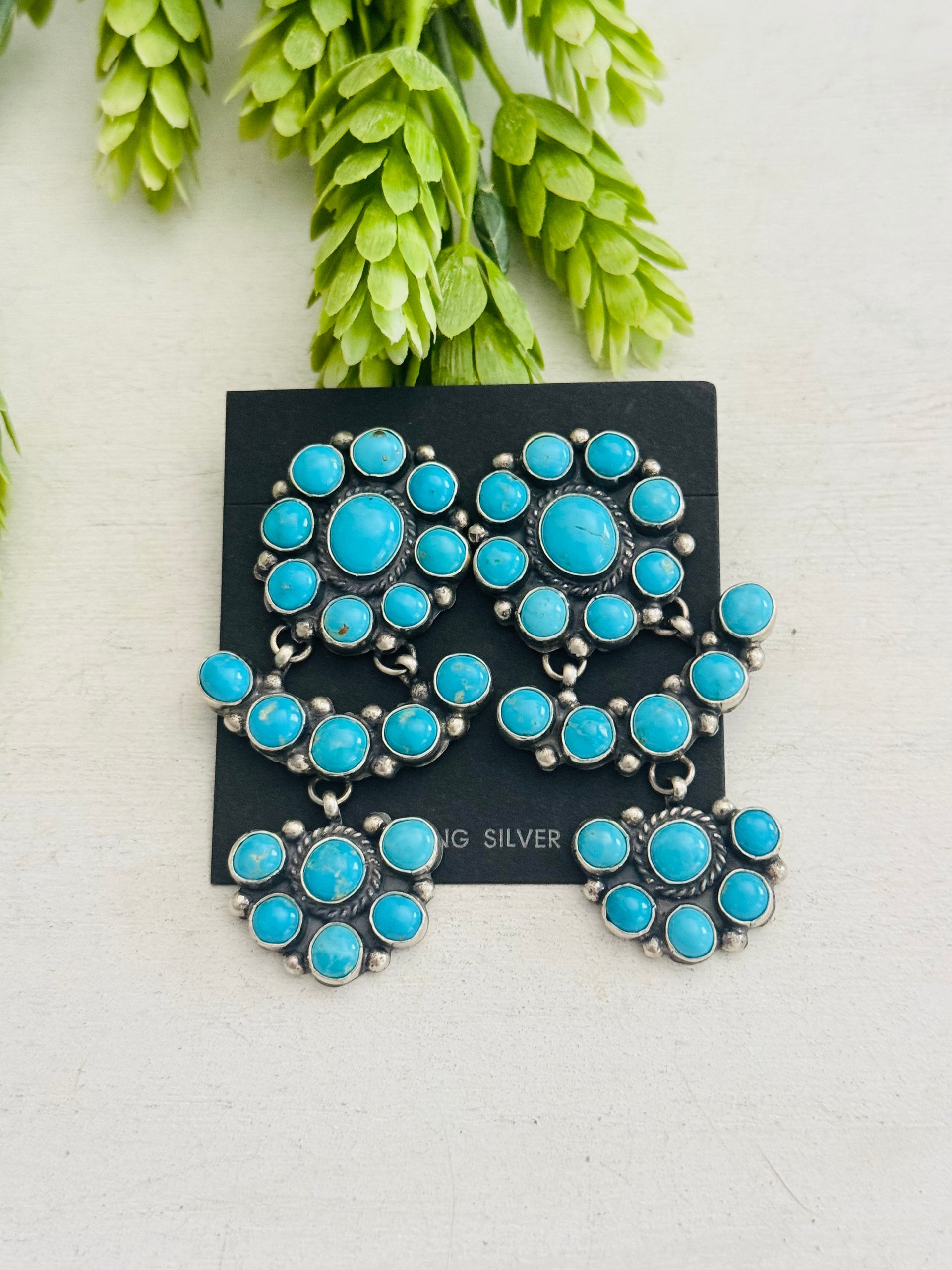 Navajo Made Kingman Turquoise & Sterling Silver Post Dangle Cluster Earrings