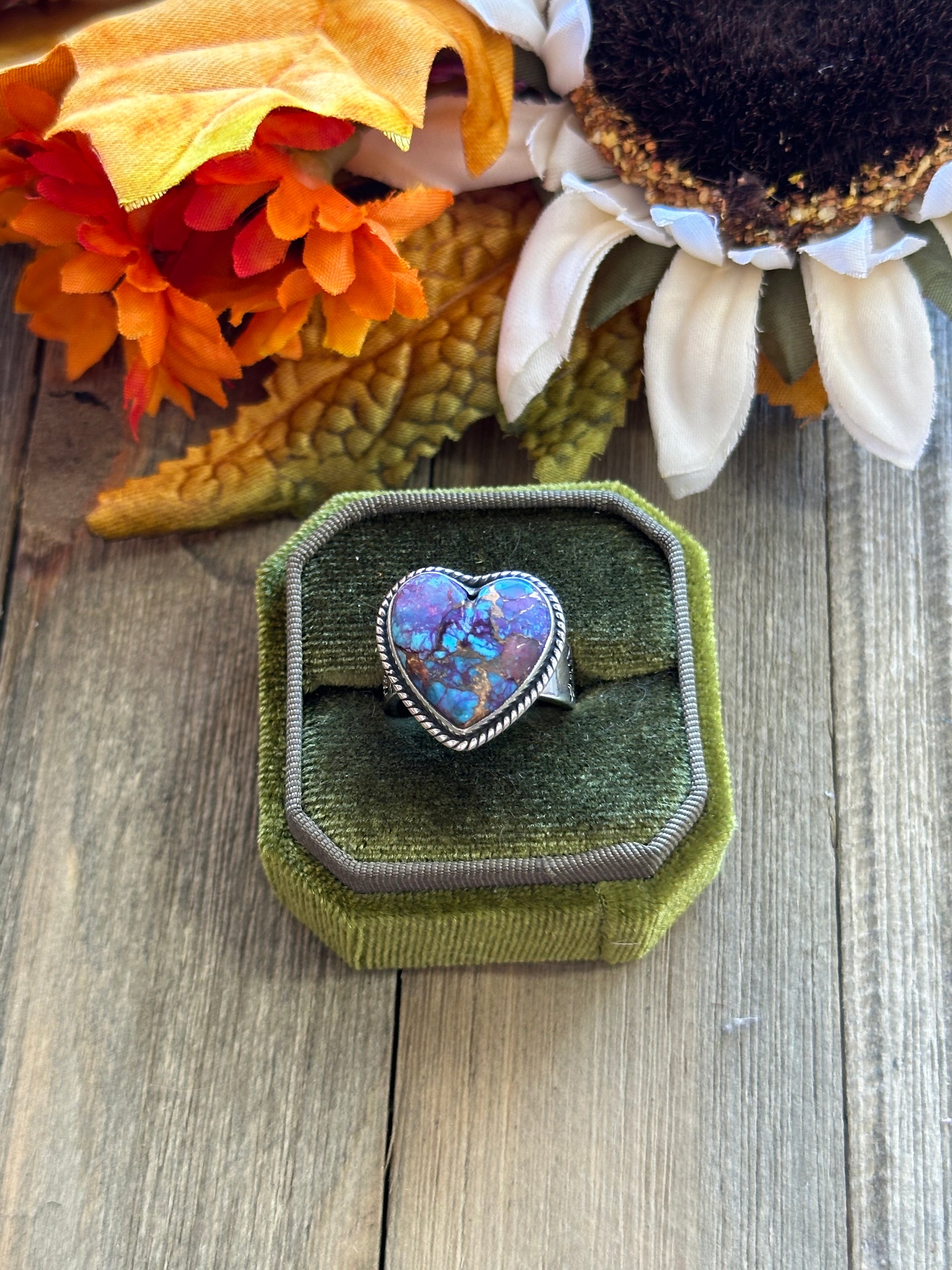 Southwest Handmade Mohave Turquoise & Sterling Silver Adjustable Heart Ring