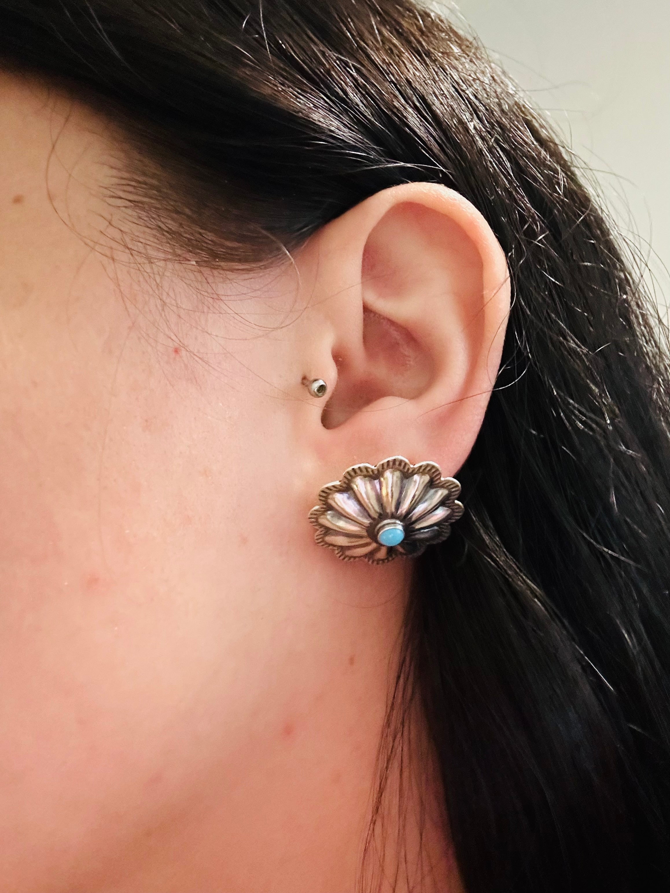 Navajo Made Kingman Turquoise & Sterling Silver Post Concho Earrings