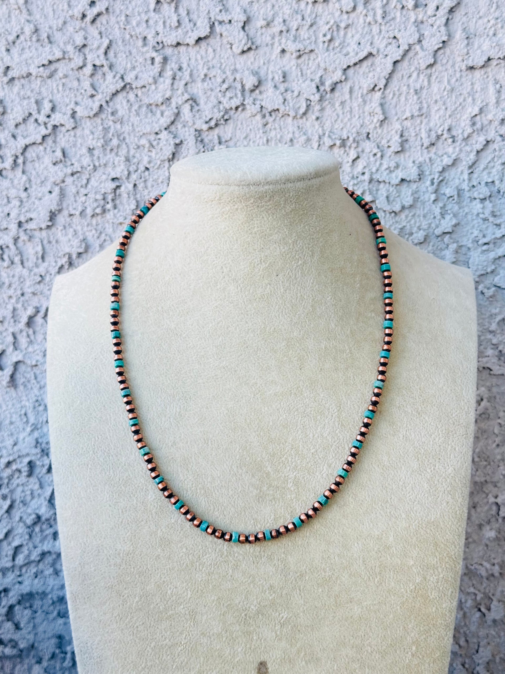 Navajo Strung Kingman Turquoise & Copper Pearls Beaded Necklace