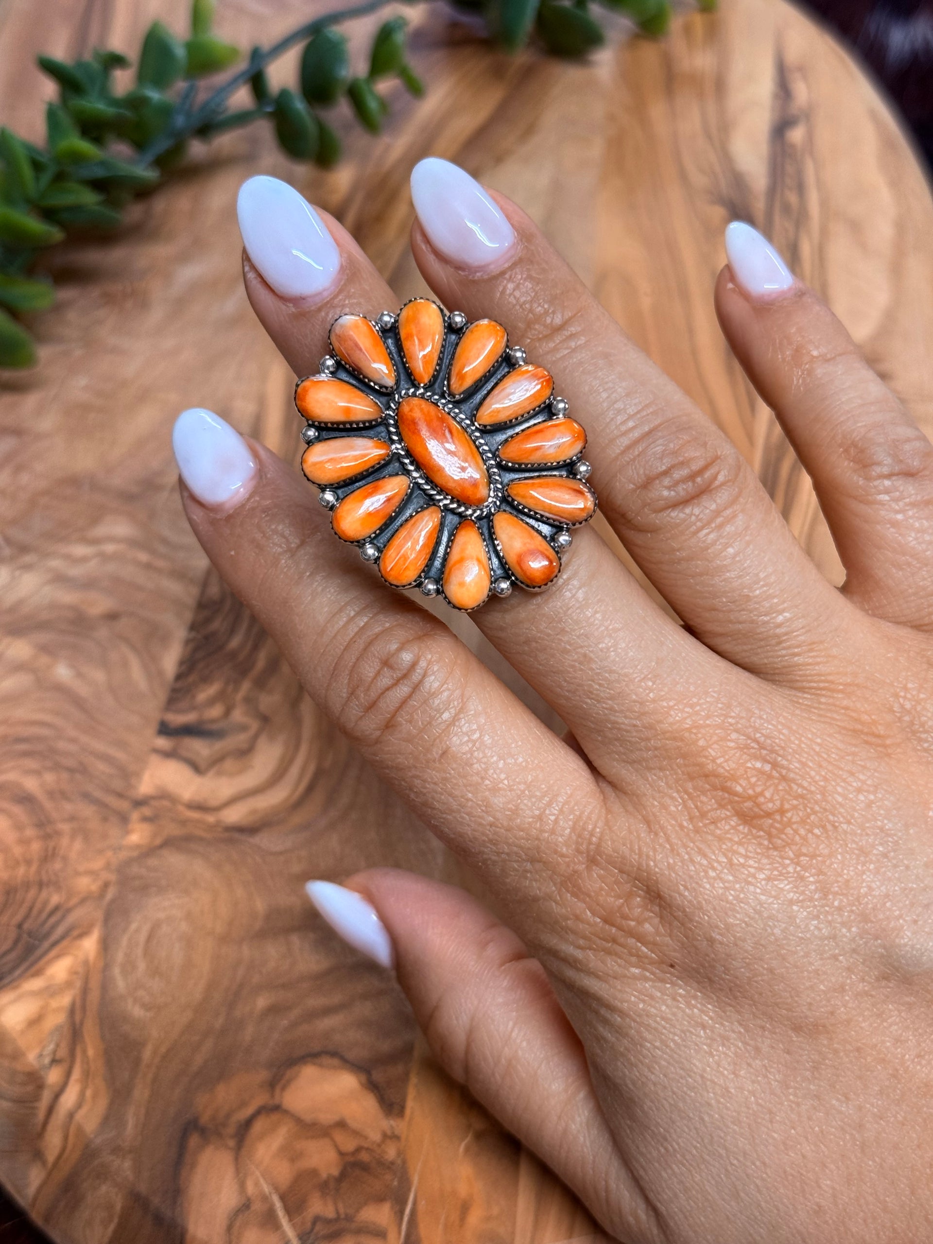 Southwest Handmade Spiny Oyster & Sterling Silver Cluster Ring Size 7