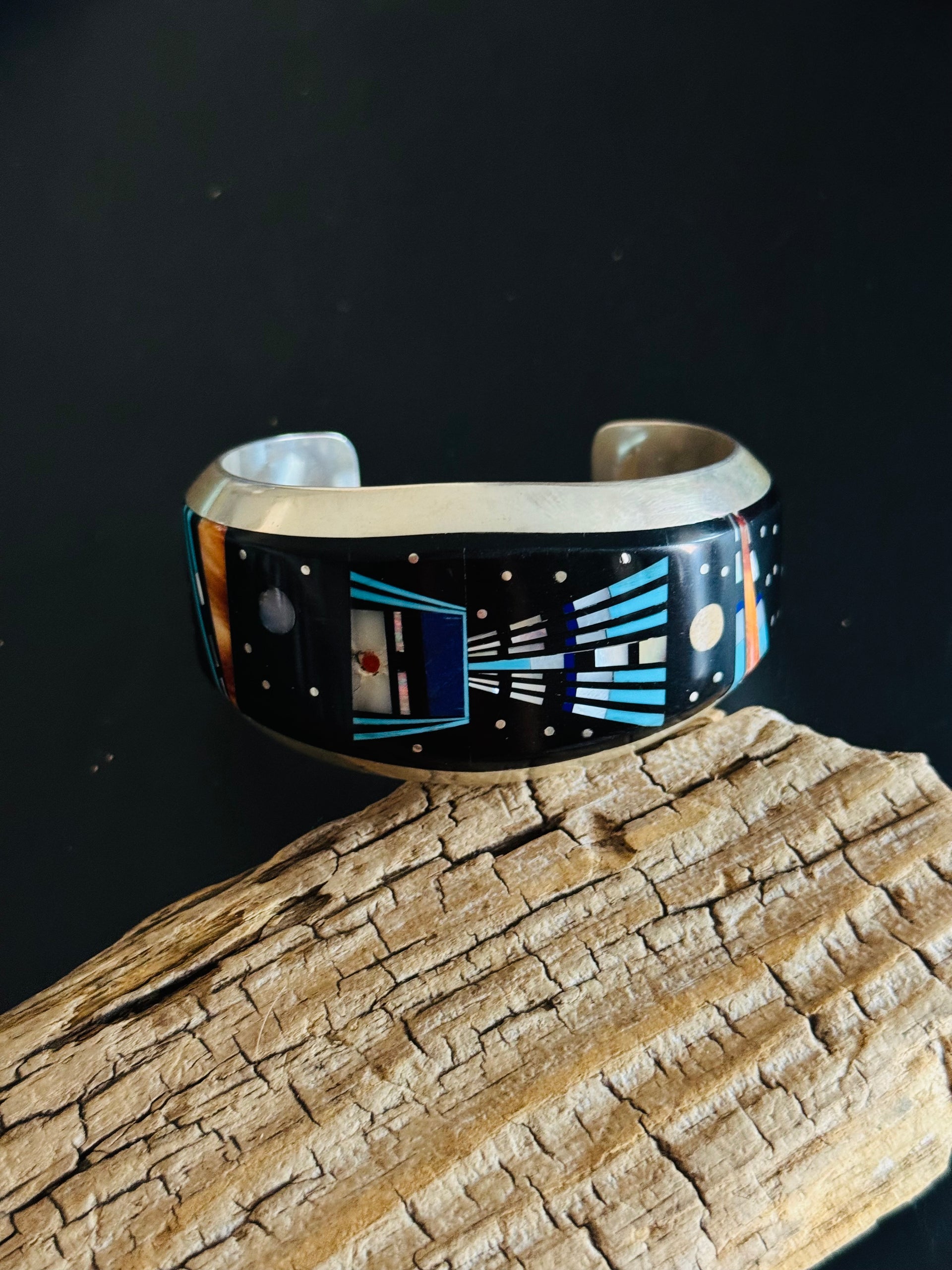 Vintage Emory Yazzie Multi Stone & Sterling Silver Inlay Galaxy Cuff Bracelet