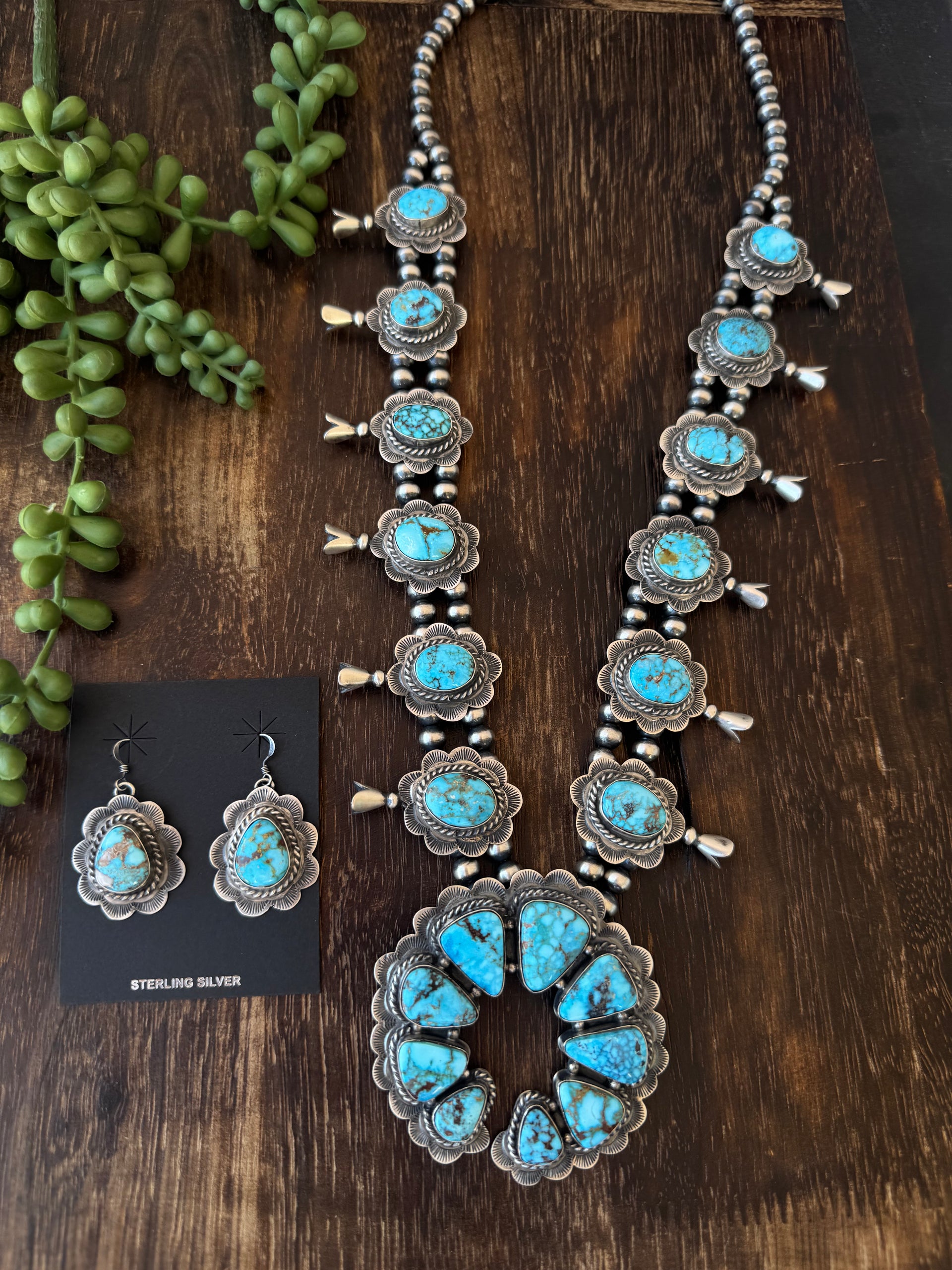 Navajo Made Kingman Turquoise & Sterling Silver Squash Blossom Necklace Set