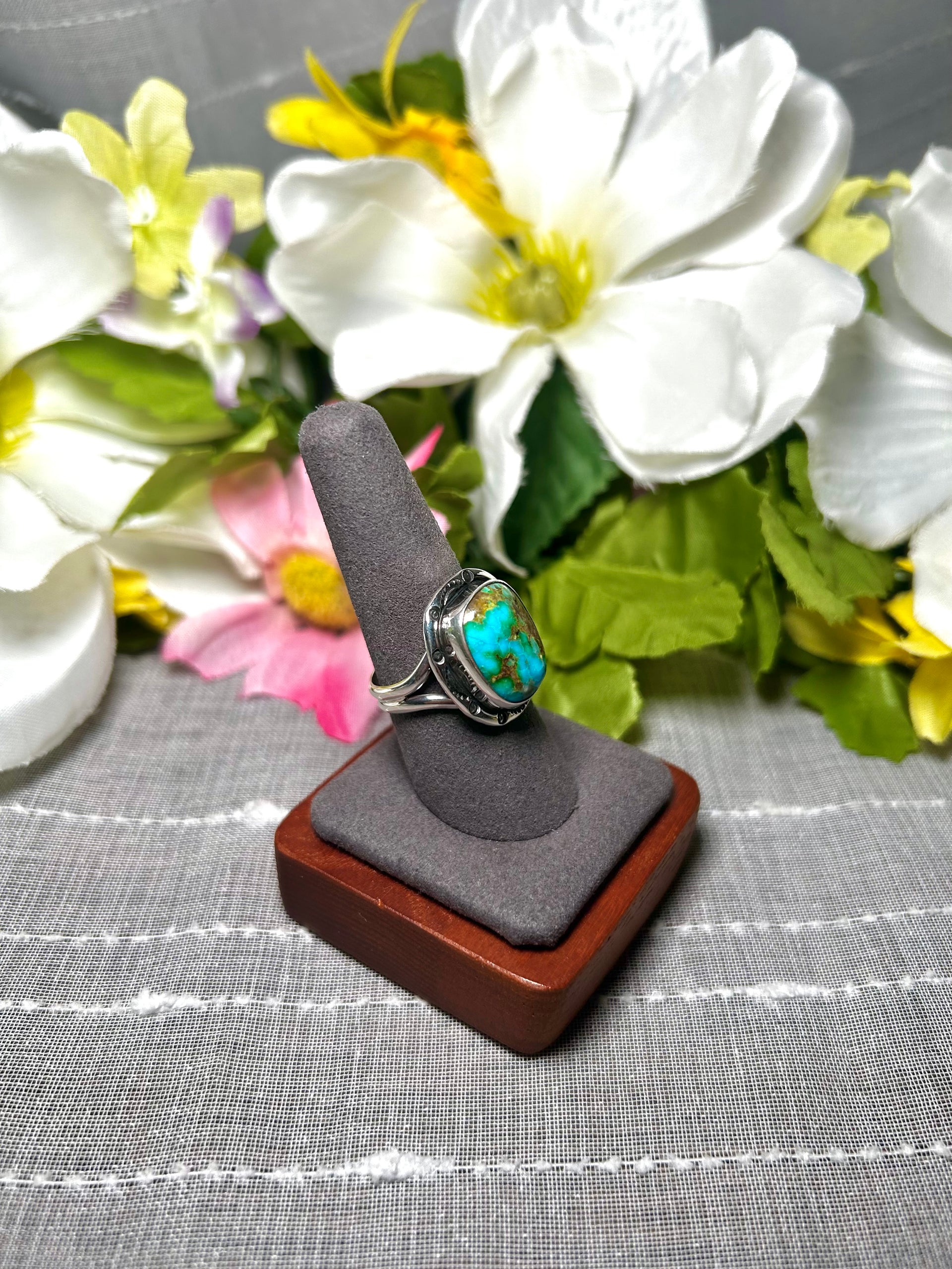 Navajo Made Natural Sonoran Mountain Turquoise & Sterling Silver Ring Size 9