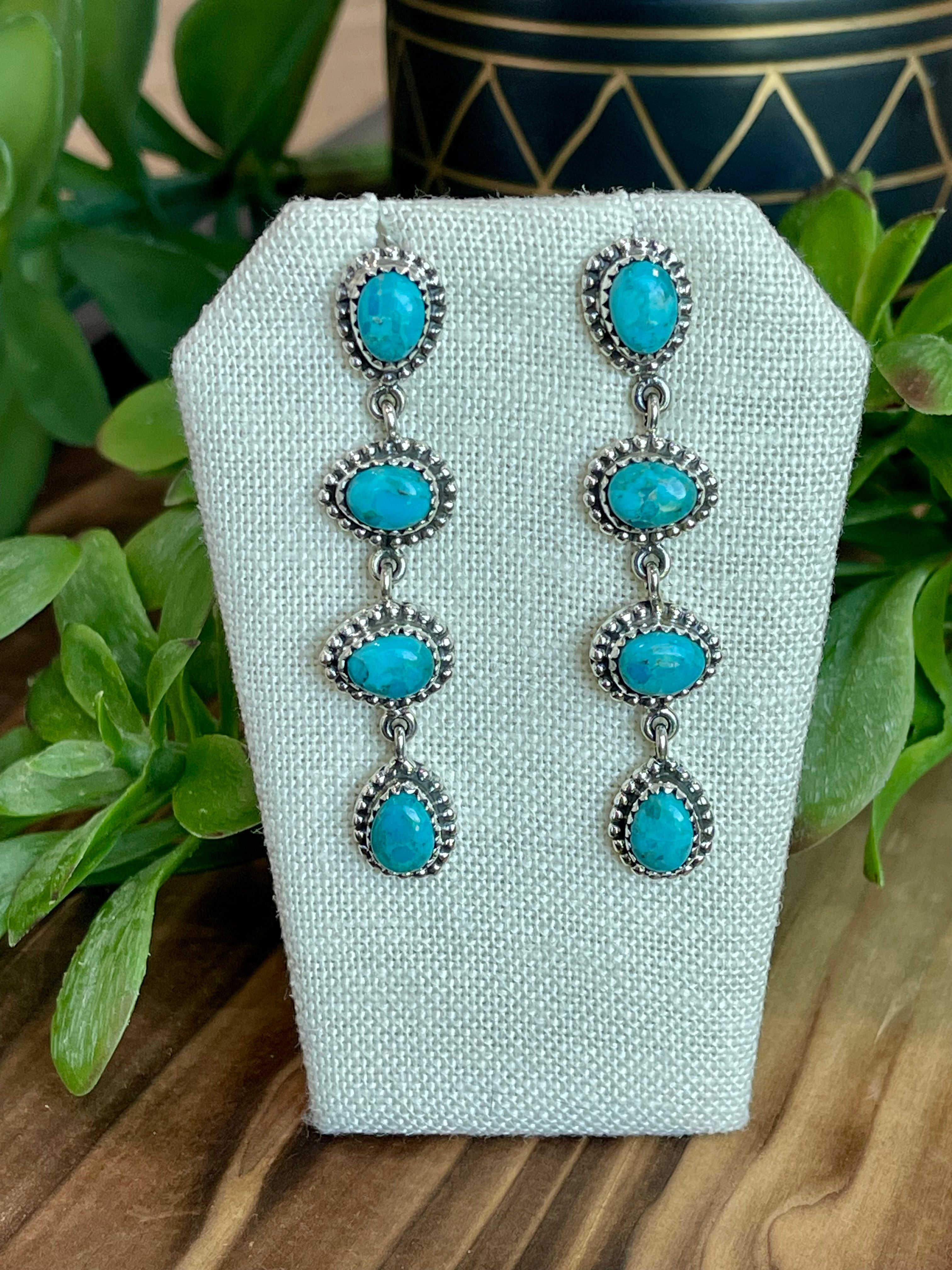 Southwest Handmade Kingman Turquoise & Sterling Silver 4 Stone Post Dangle Earrings