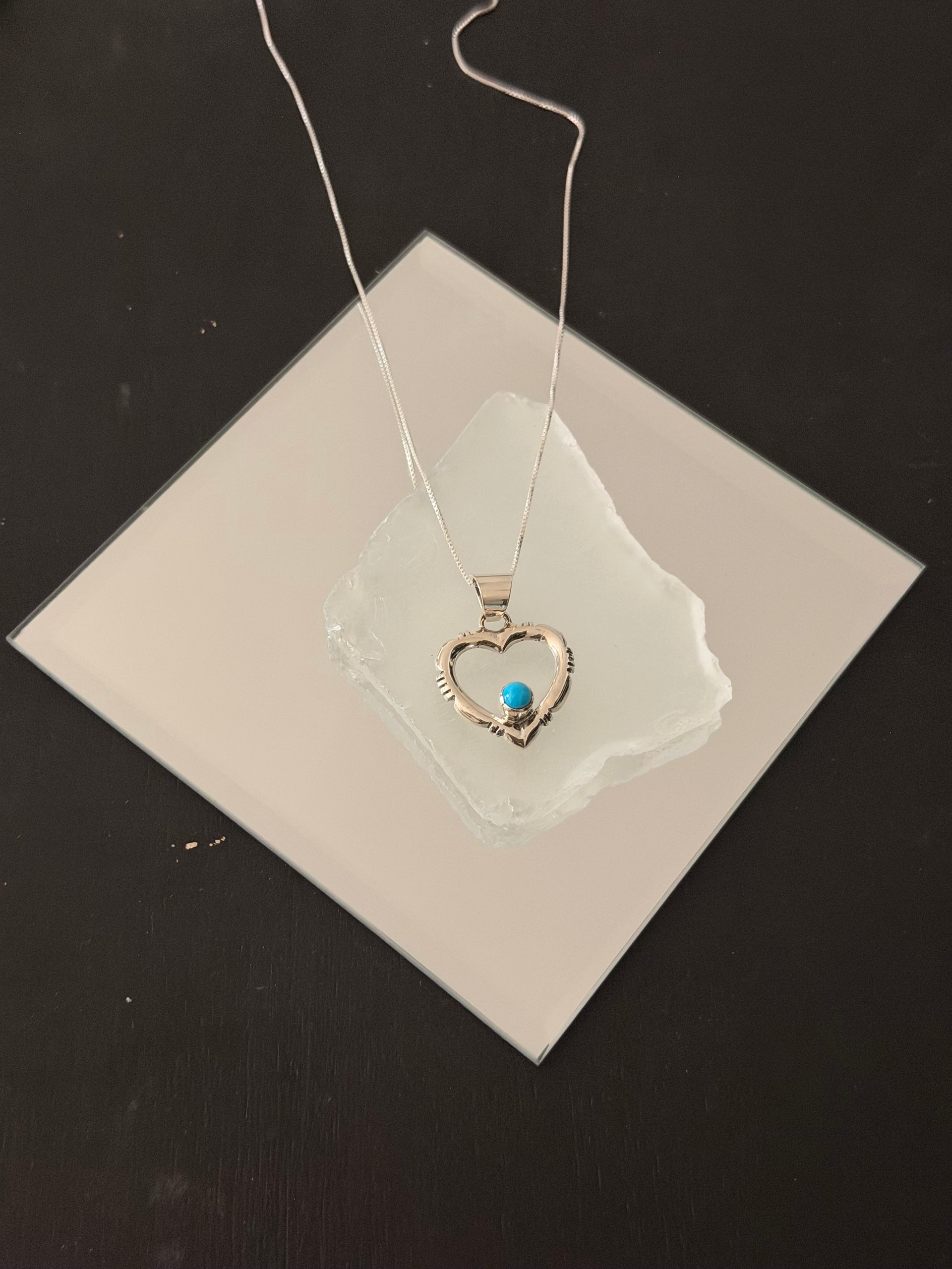 Navajo Made Kingman Turquoise & Sterling Silver Heart Necklace
