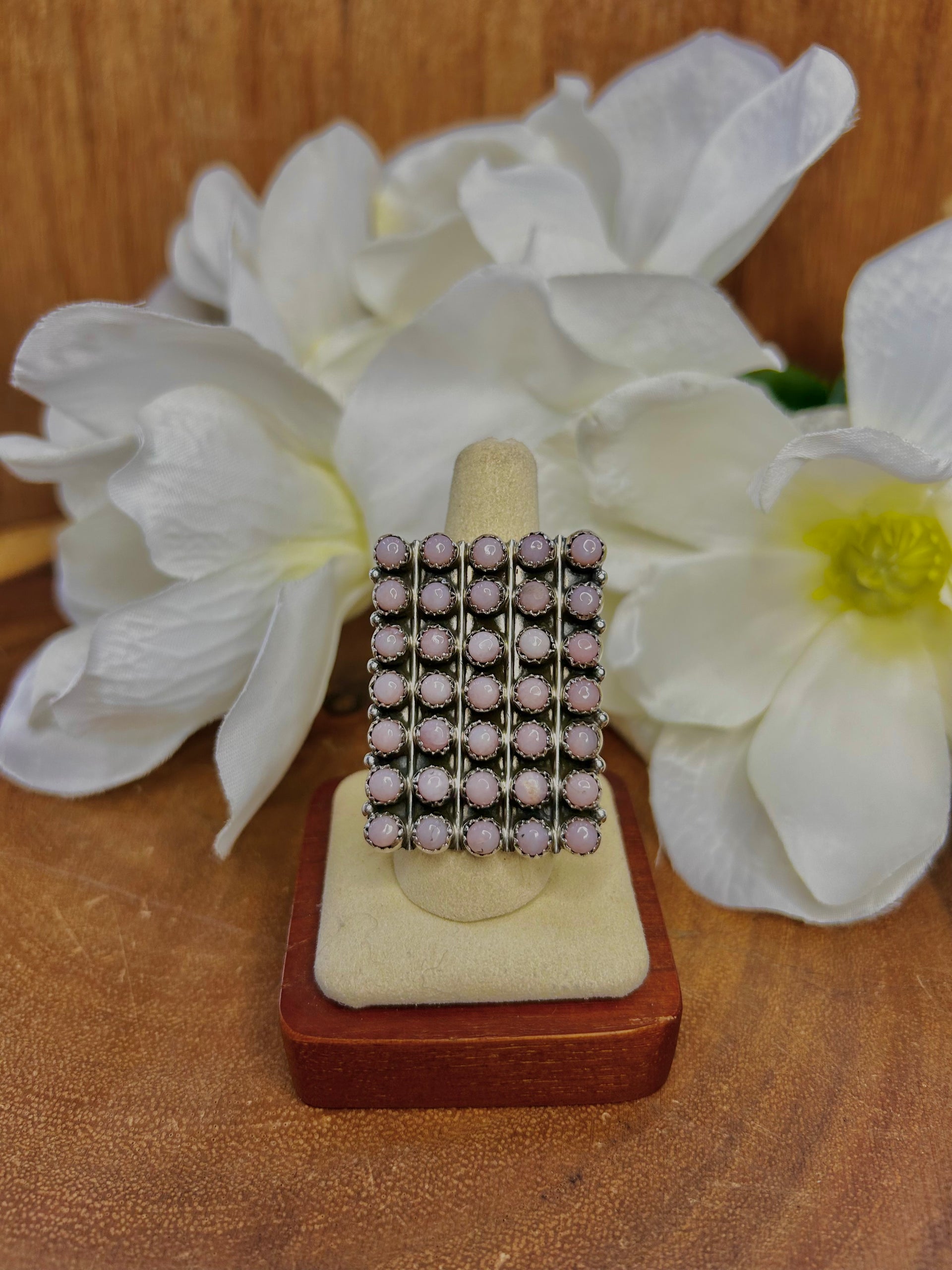 Southwest Made Peruvian Pink Opal & Sterling Sliver Cluster Ring Size 10