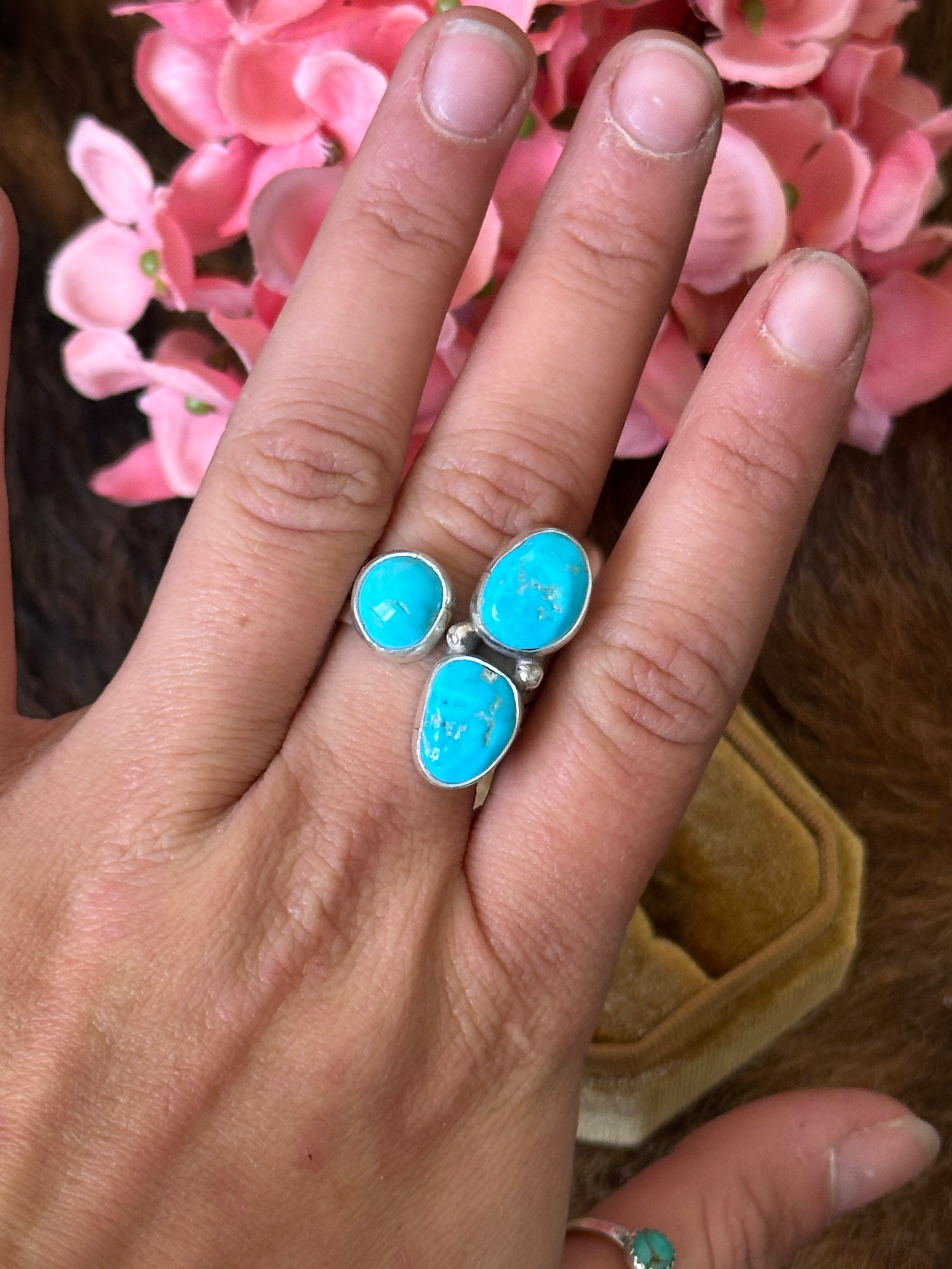 Navajo Made Kingman Turquoise & Sterling Silver Adjustable Ring