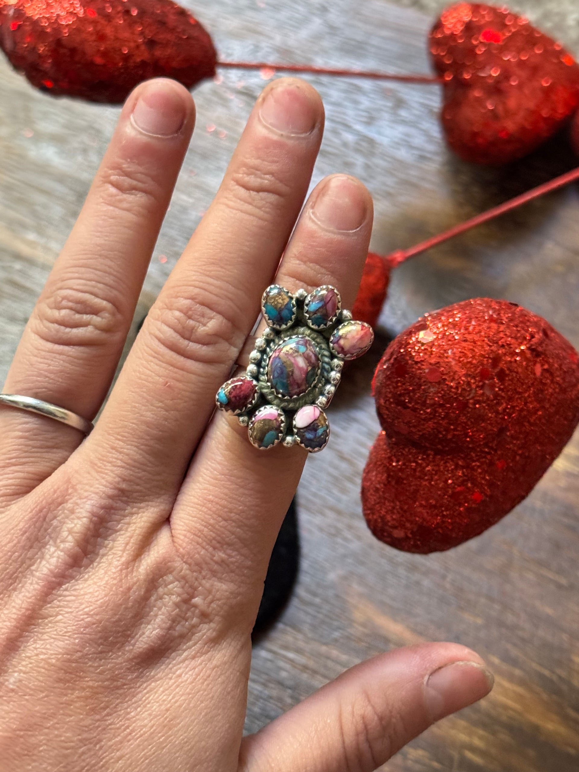 Southwest Handmade Mohave Turquoise & Sterling Silver Adjustable Cluster Ring