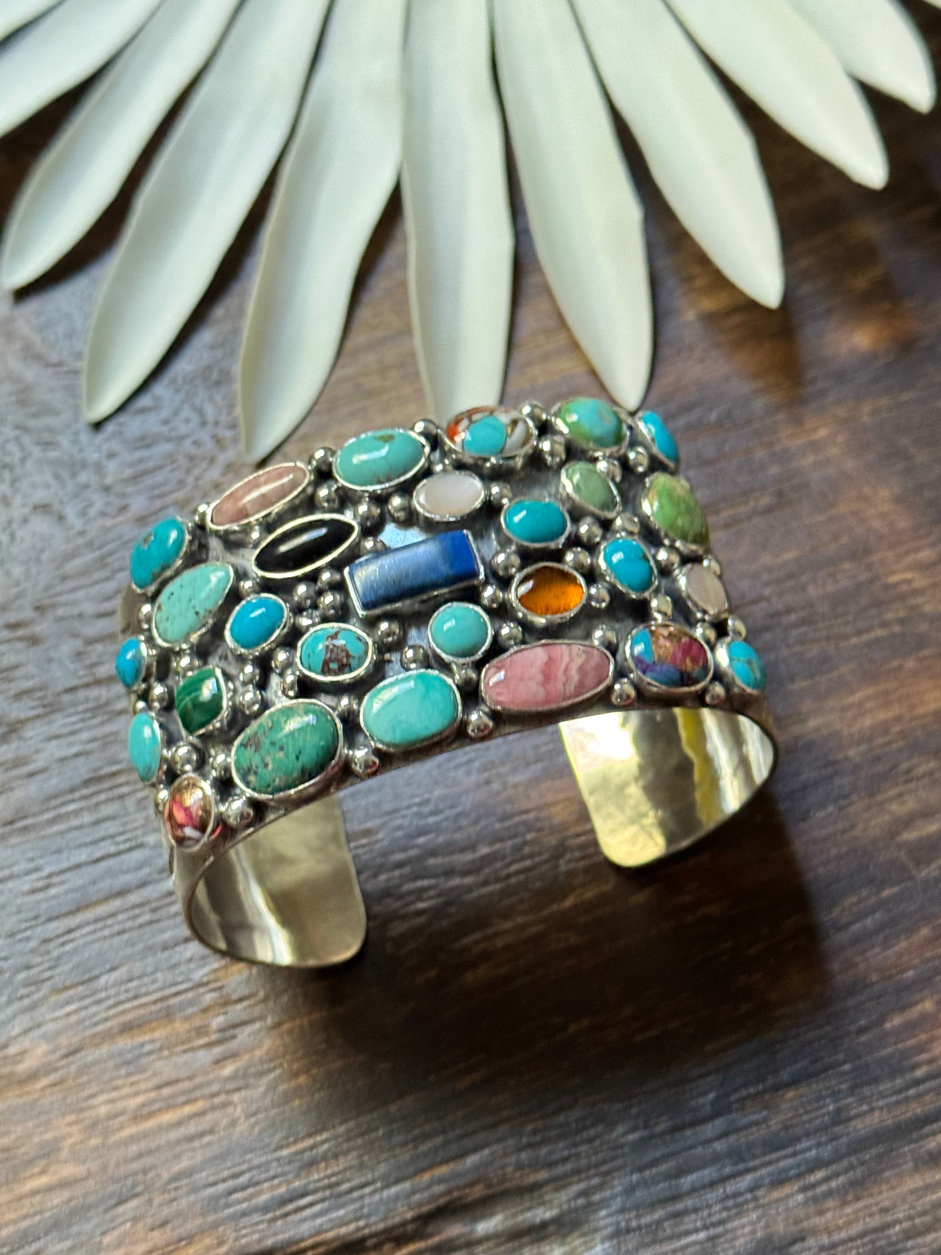 Larry Kaye Multi Stone & Sterling Silver Cluster Cuff Bracelet