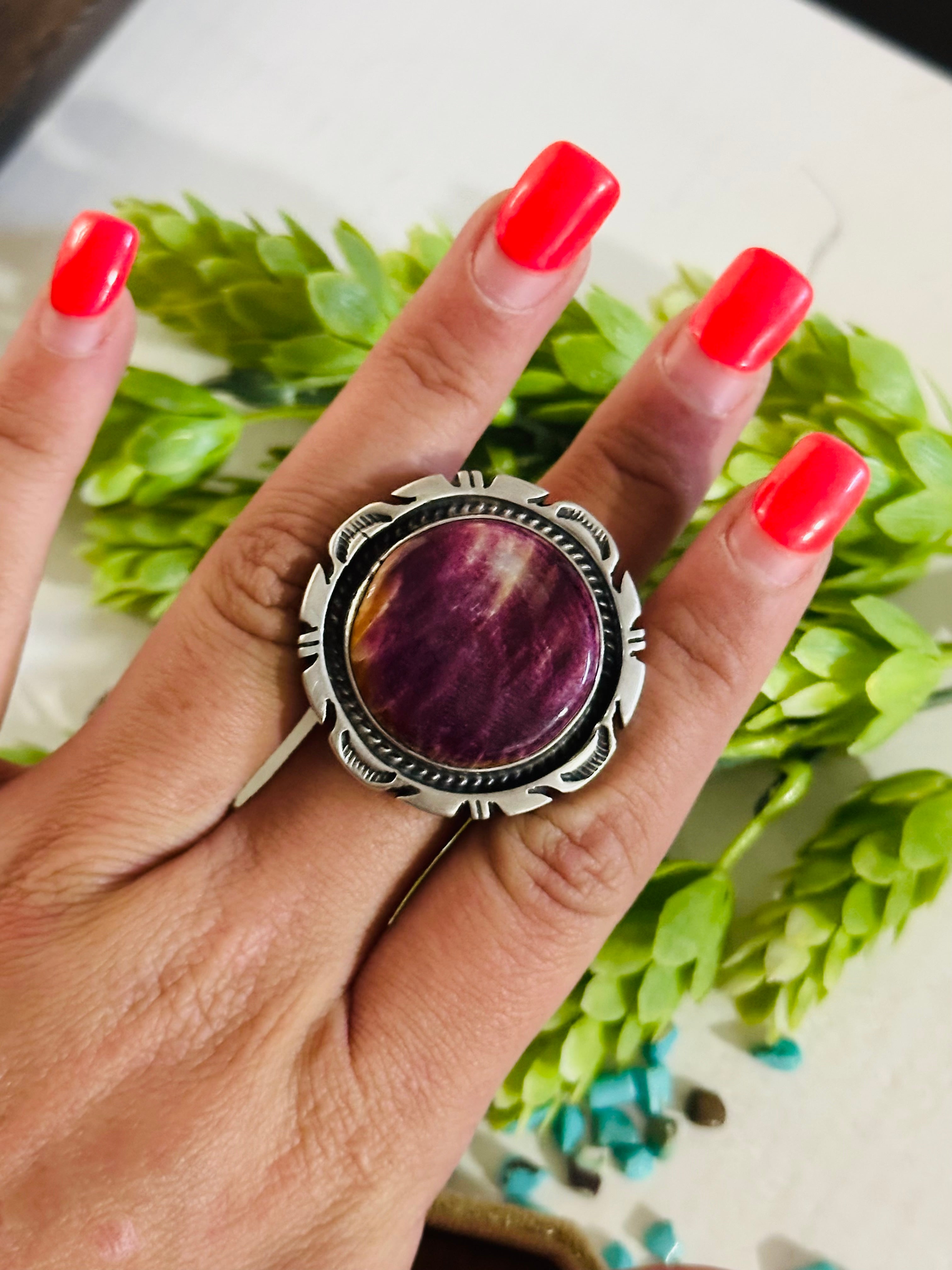 Navajo Made Purple Spiny Oyster & Sterling Silver Ring Size 10